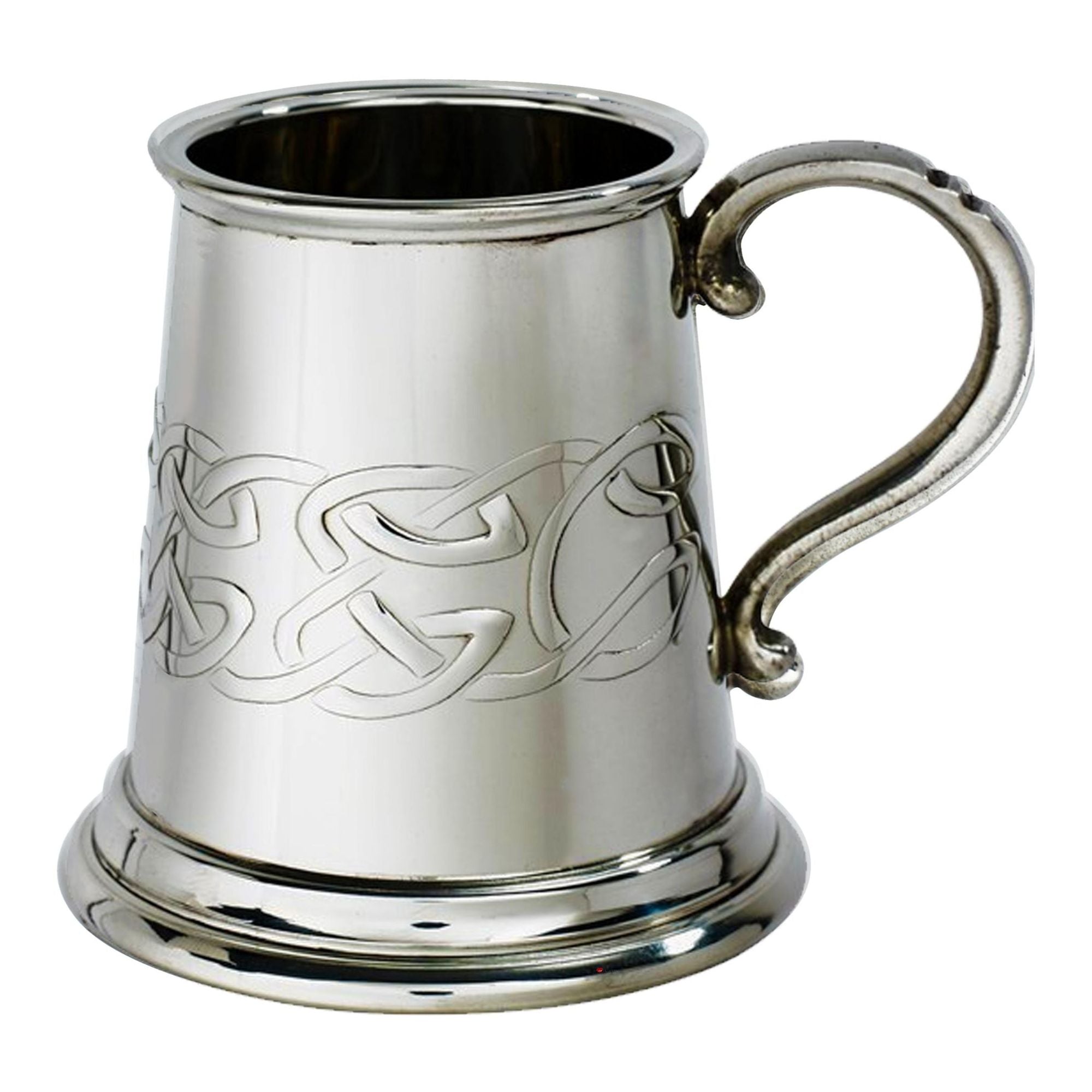 Silver tankard with Celtic knot design on a white background