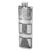 Silver flask with Celtic knot designs on a white background