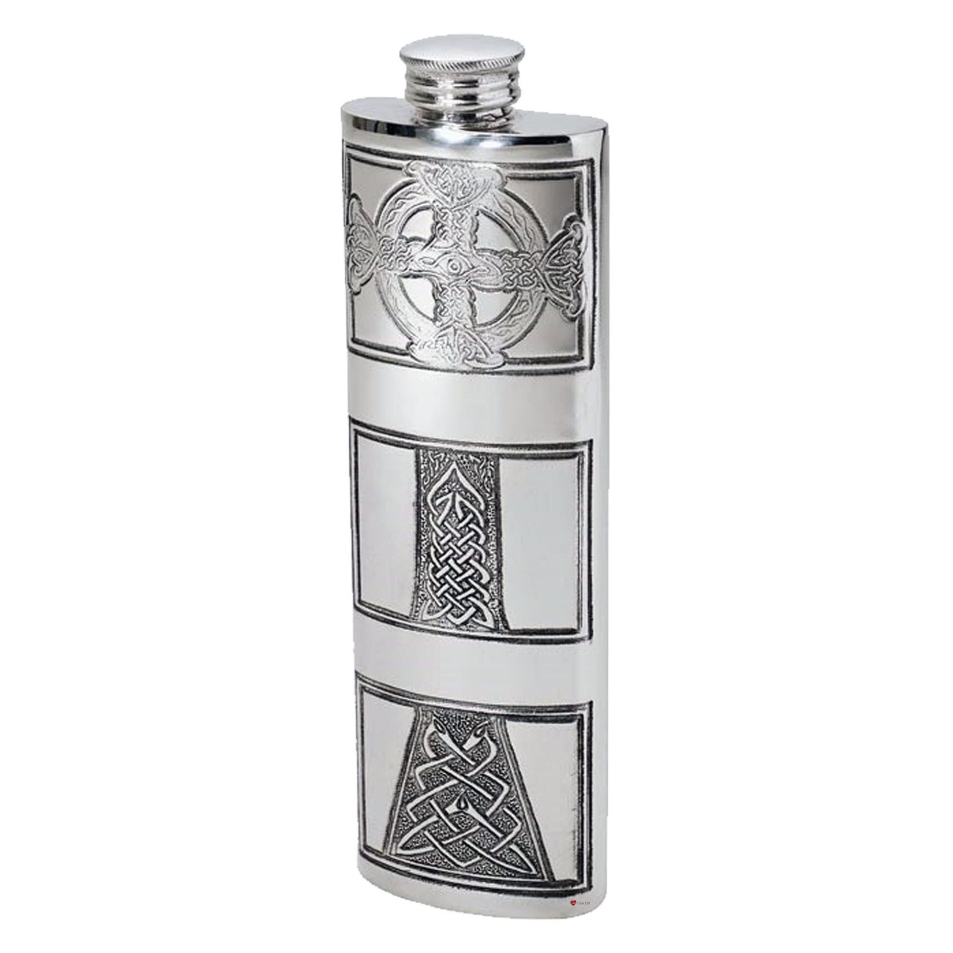 Silver flask with Celtic knot designs on a white background