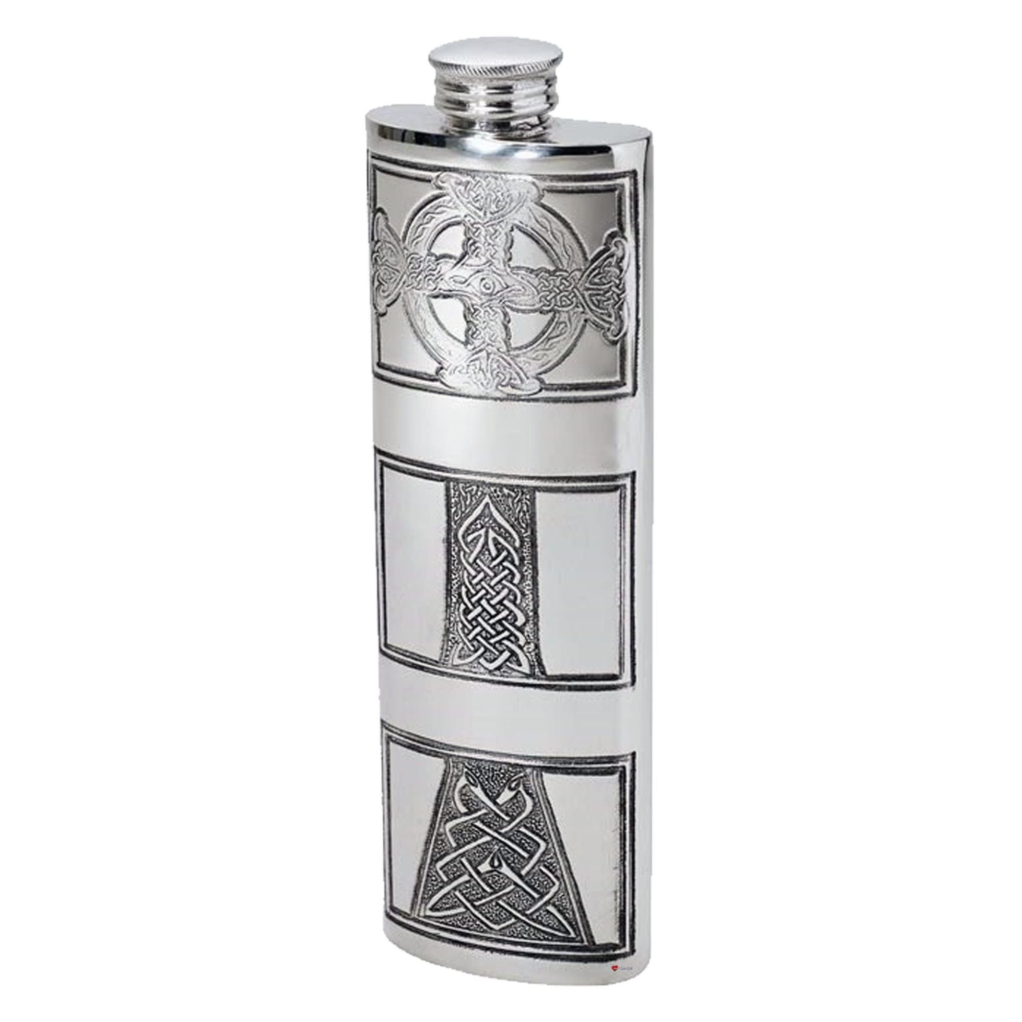 Silver flask with Celtic knot designs on a white background