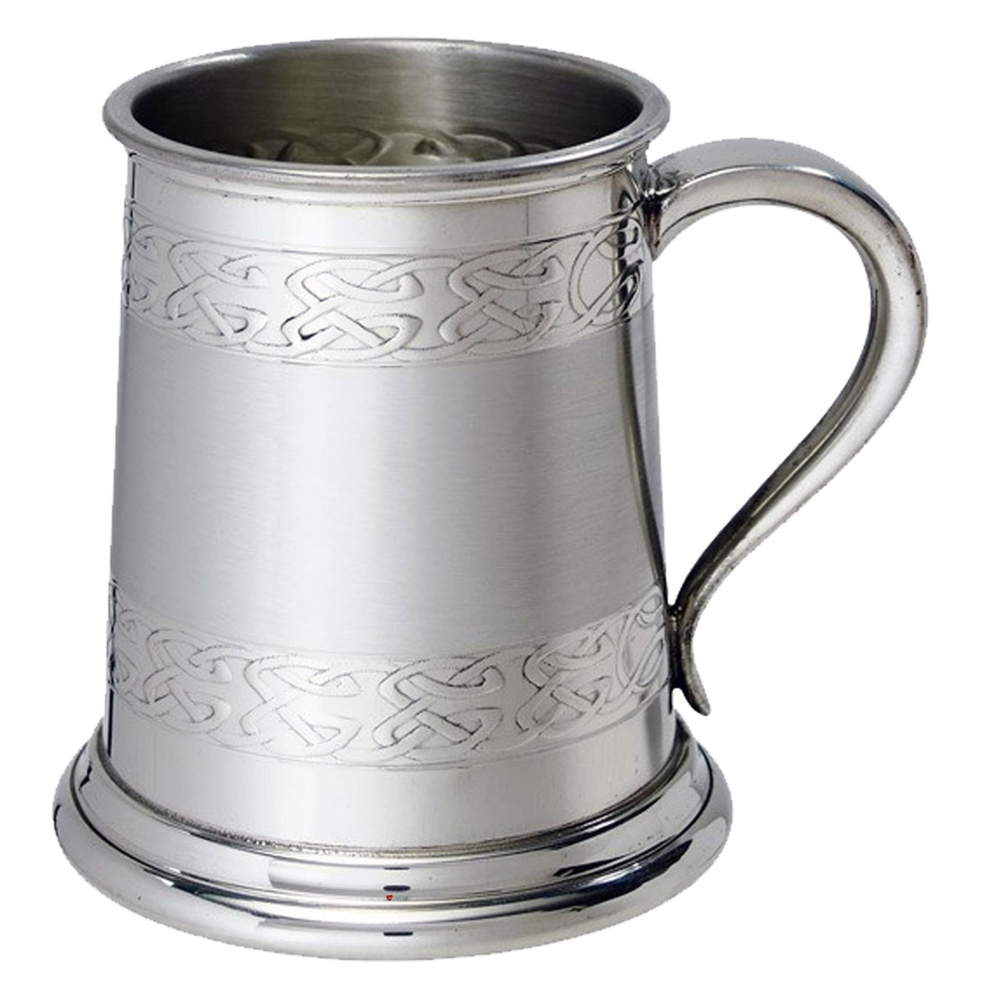 Silver tankard with Celtic knot patterns on a white background