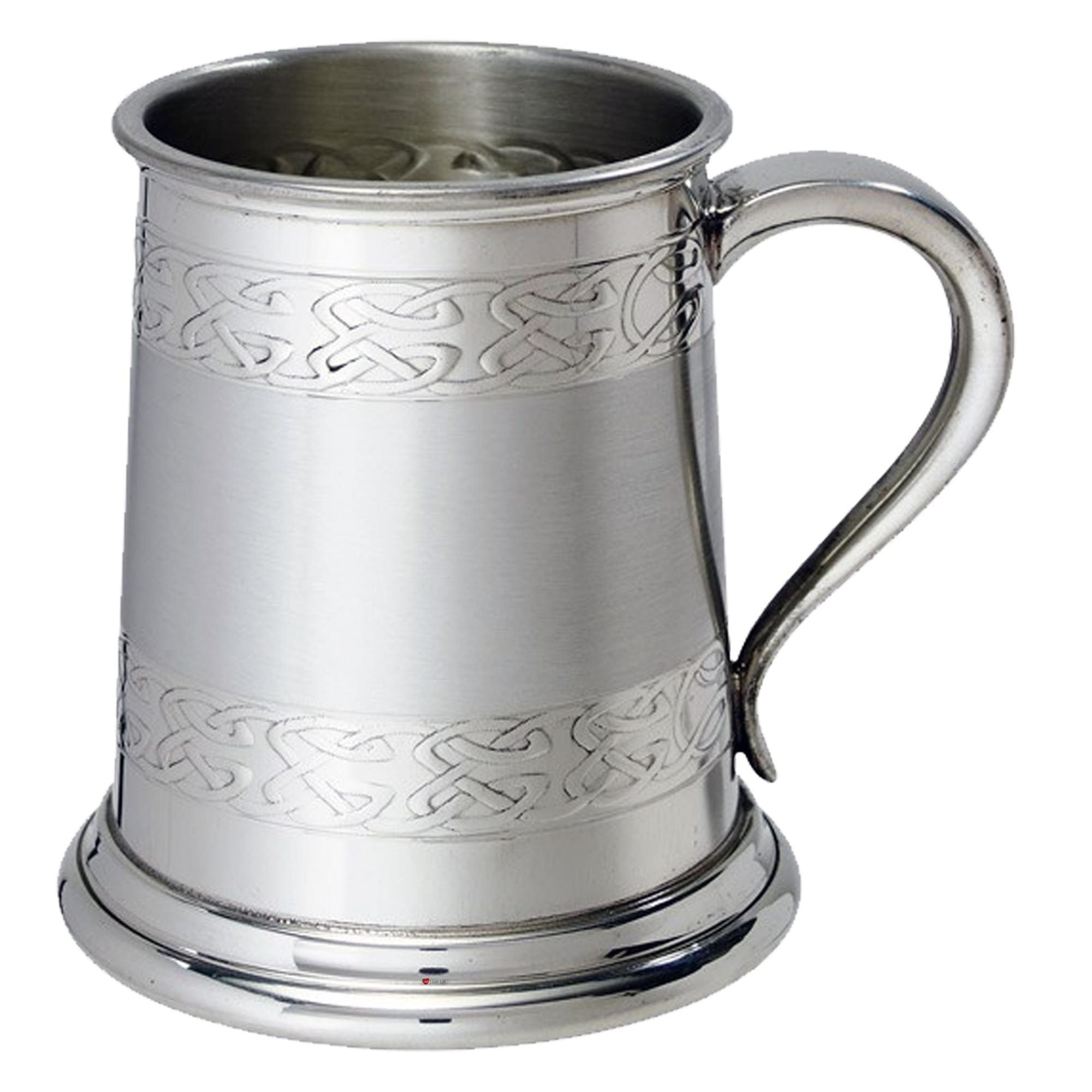 Silver tankard with Celtic knot patterns on a white background