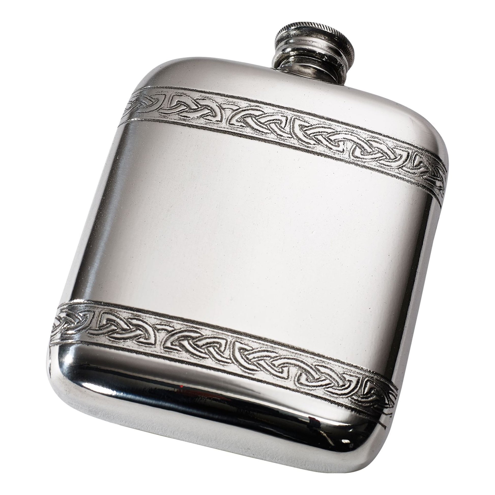 Silver flask with Celtic knot design on a white background