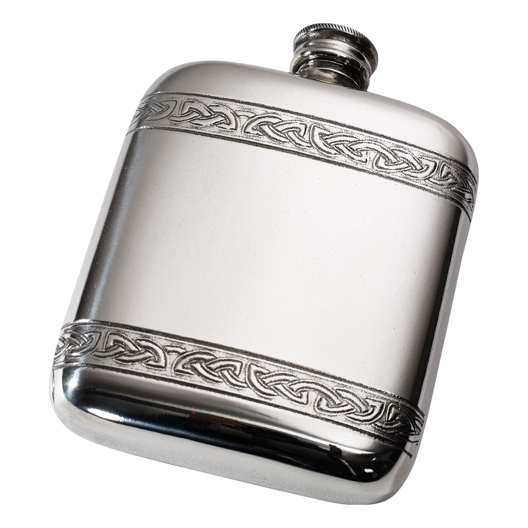 Silver flask with Celtic knot design on a white background