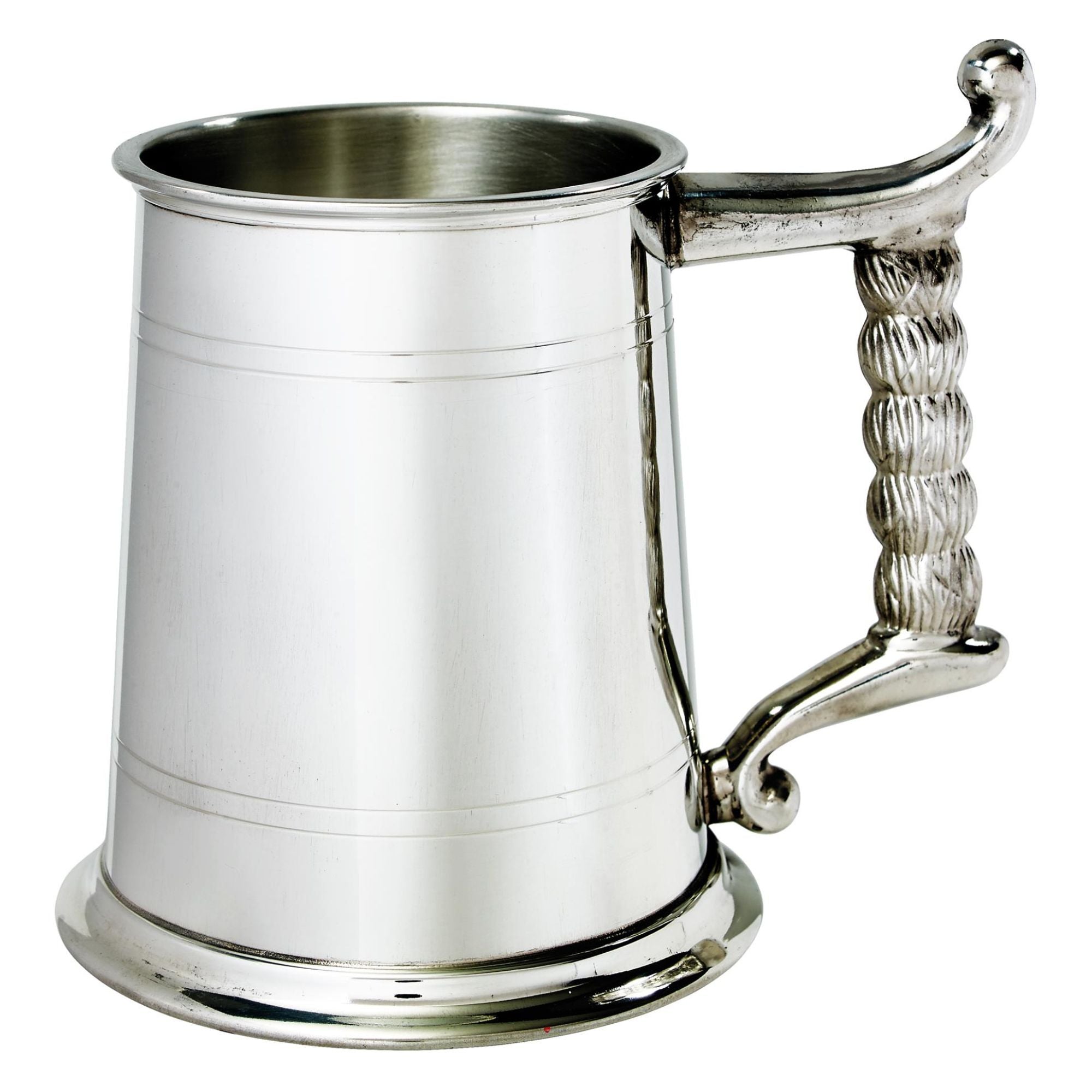 Silver tankard with a decorative handle on a white background