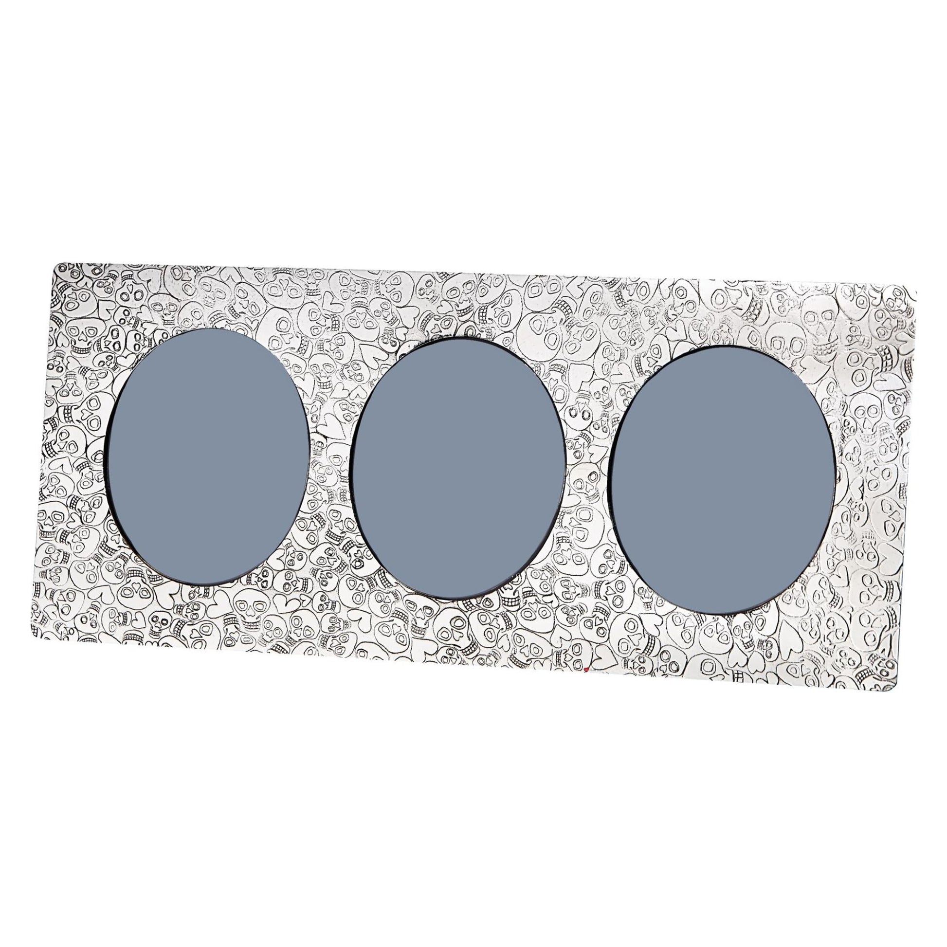 Three blue oval lenses in a decorative case with a white background