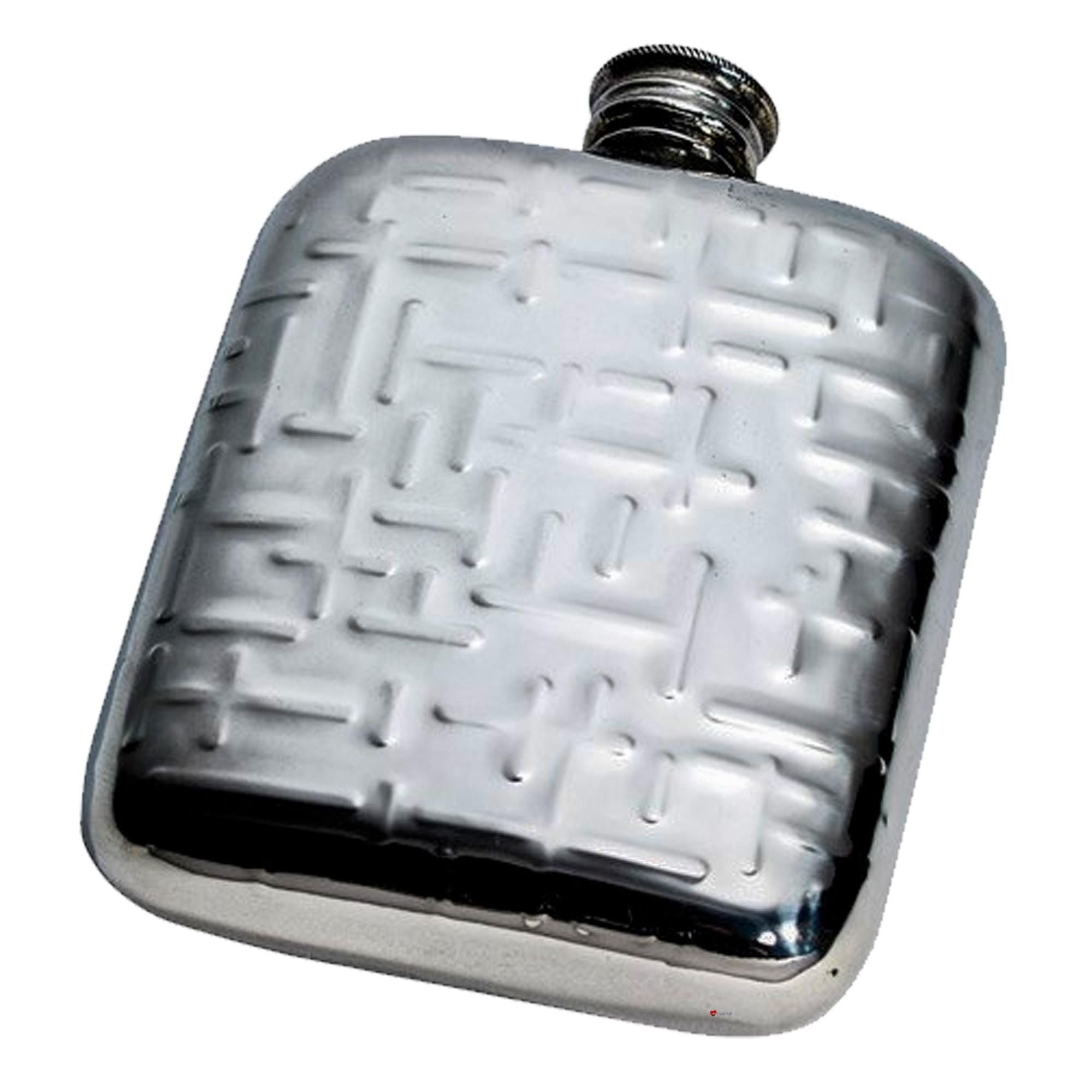 Silver flask with a textured surface on a white background
