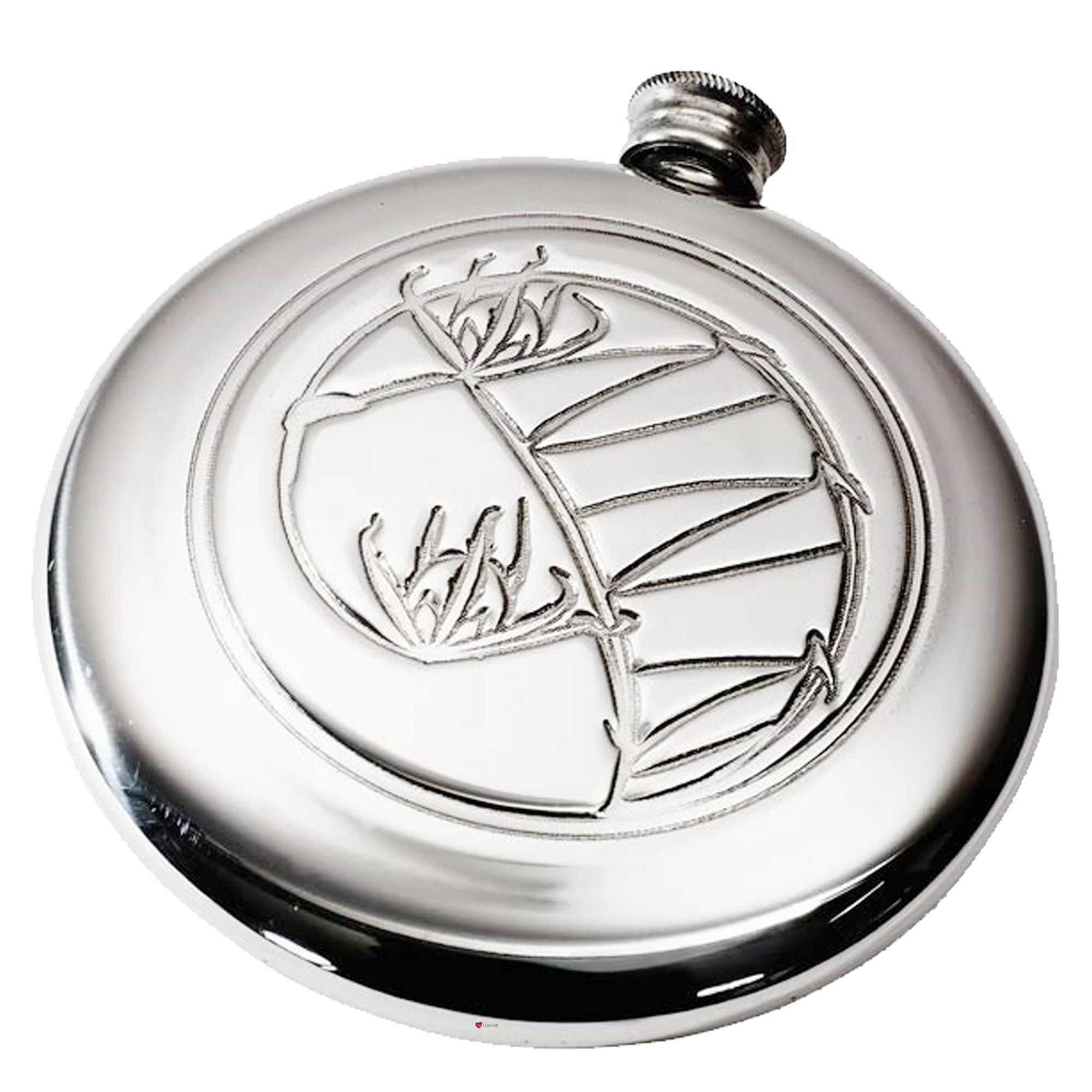 Silver flask with engraved design on a white background