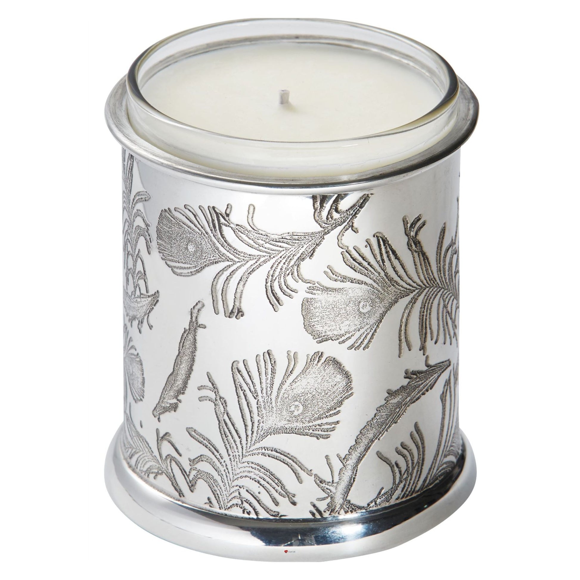 Candle in a silver container with leaf patterns on a white background