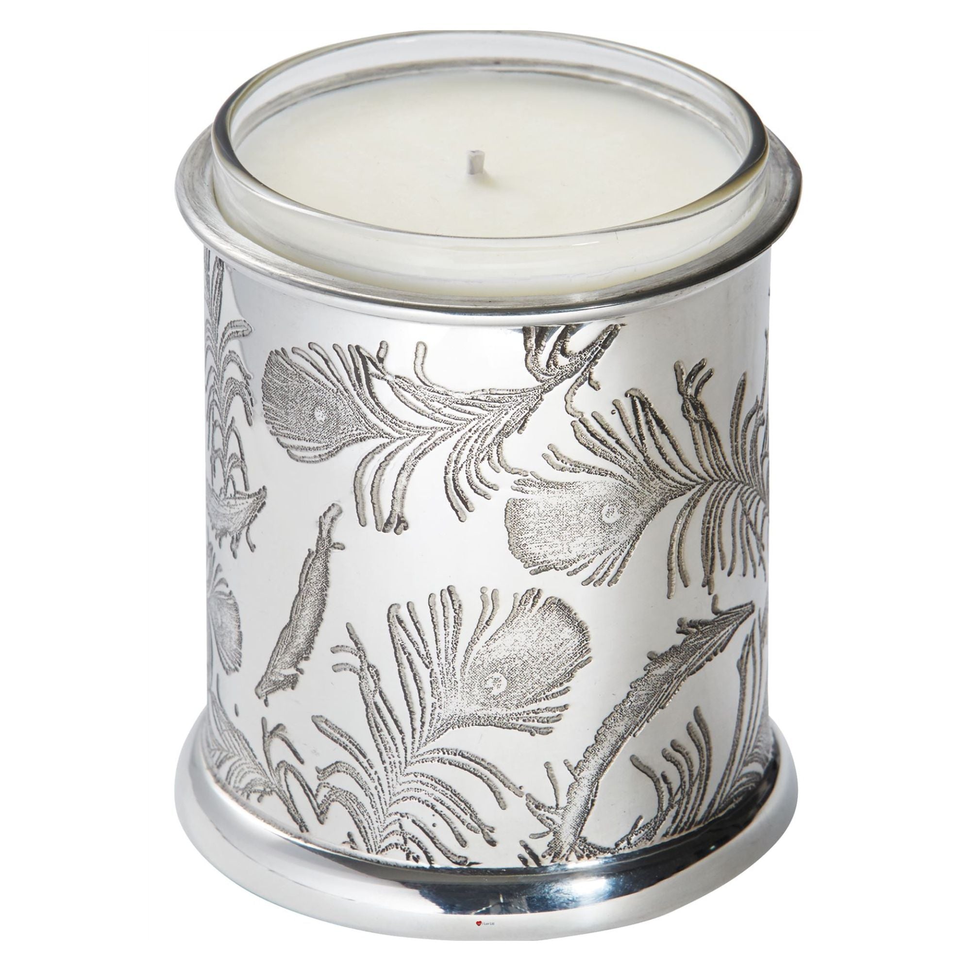 Candle in a silver container with leaf patterns on a white background
