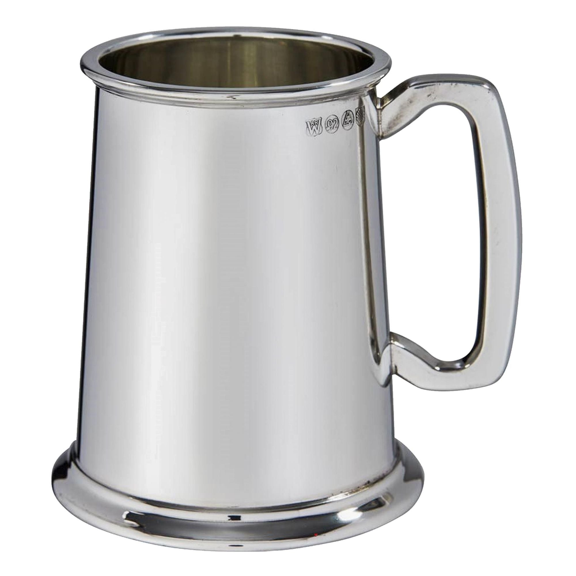 Silver tankard with a handle on a white background