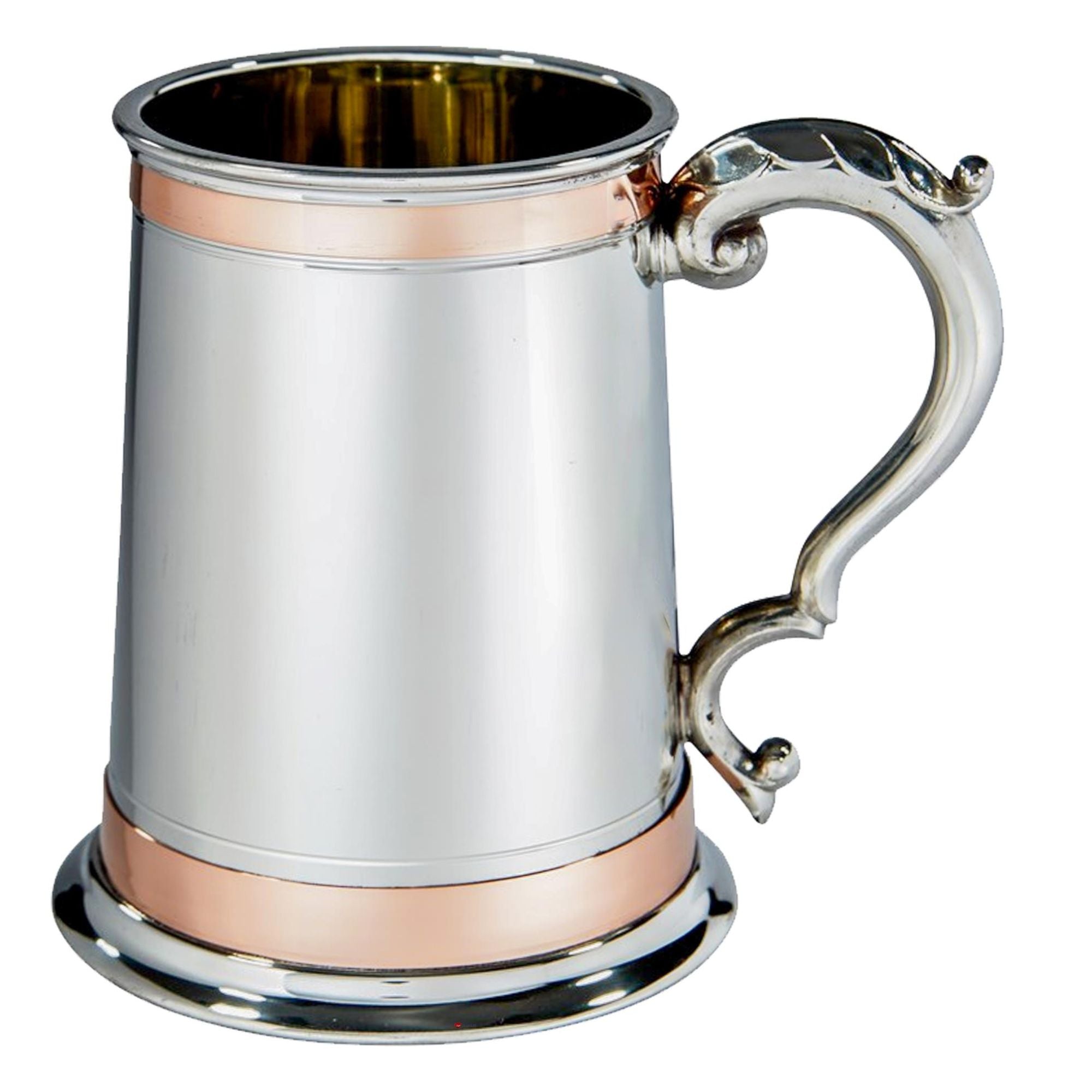Silver tankard with a copper rim and handle on a white background
