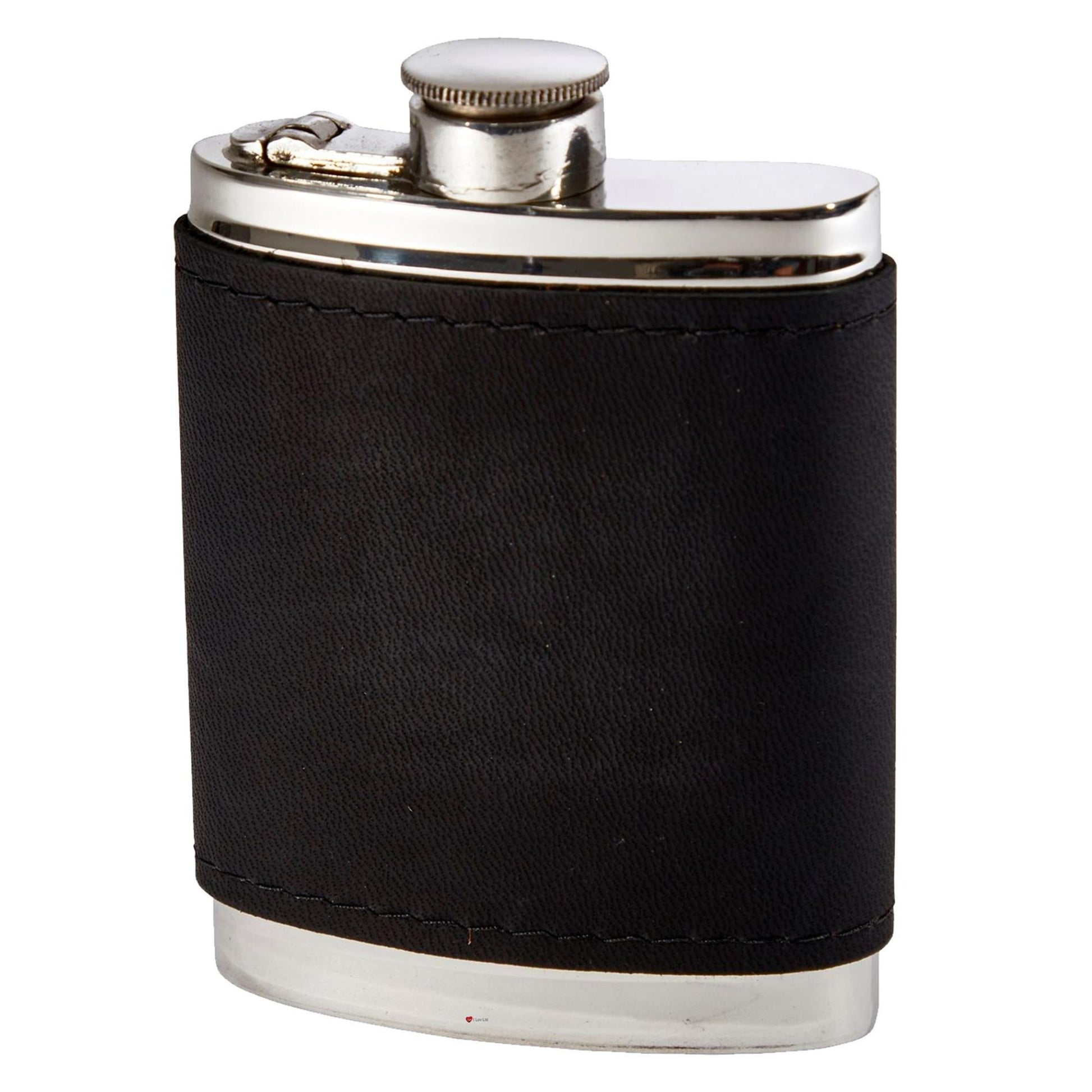 Black leather flask with silver cap on a white background