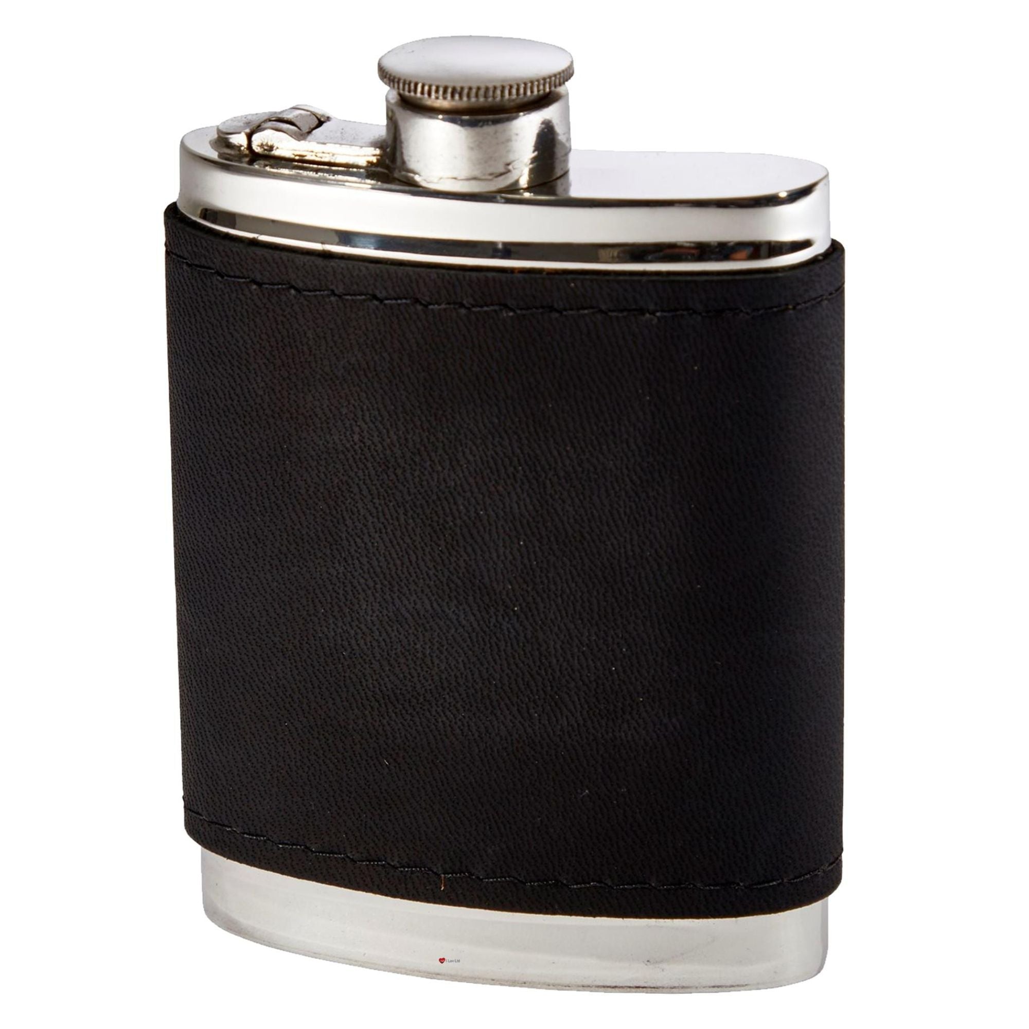 Black leather flask with silver cap on a white background
