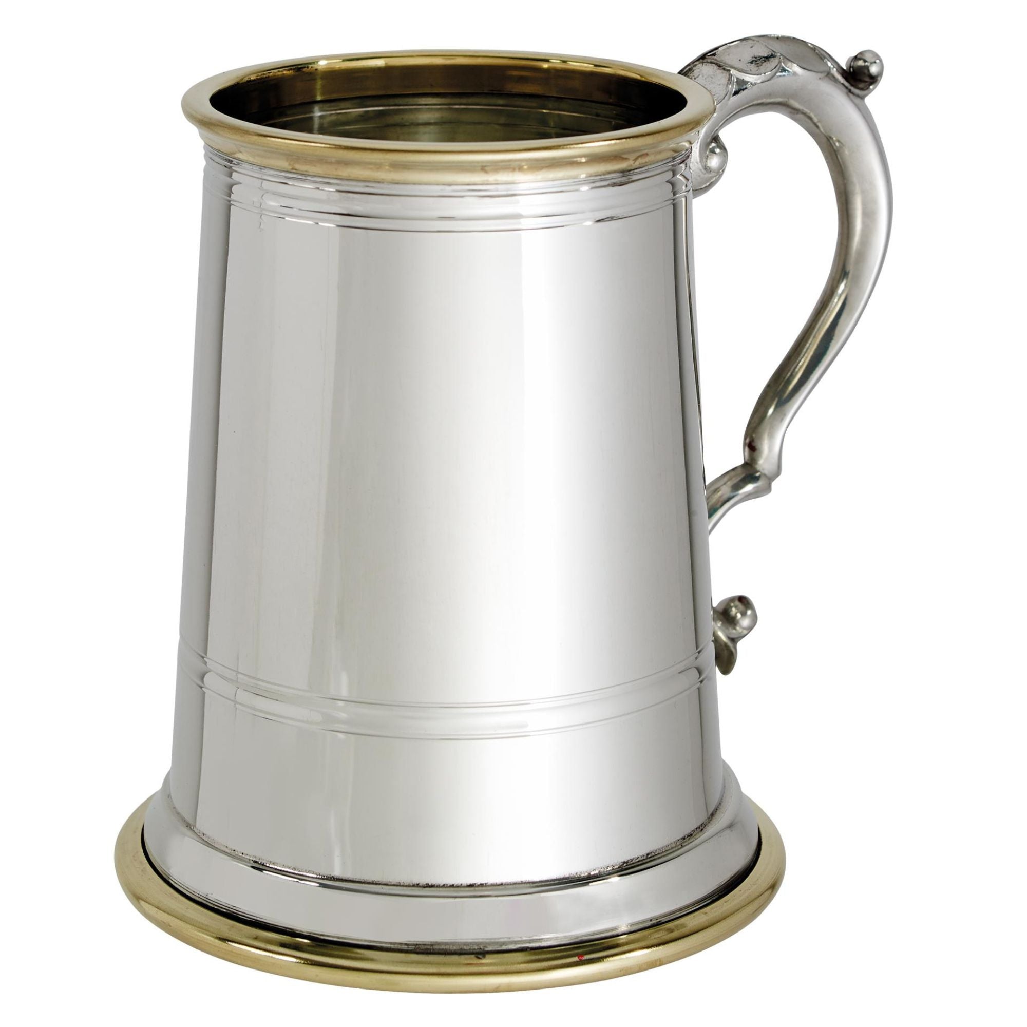 Silver tankard with brass interior and base on a white background