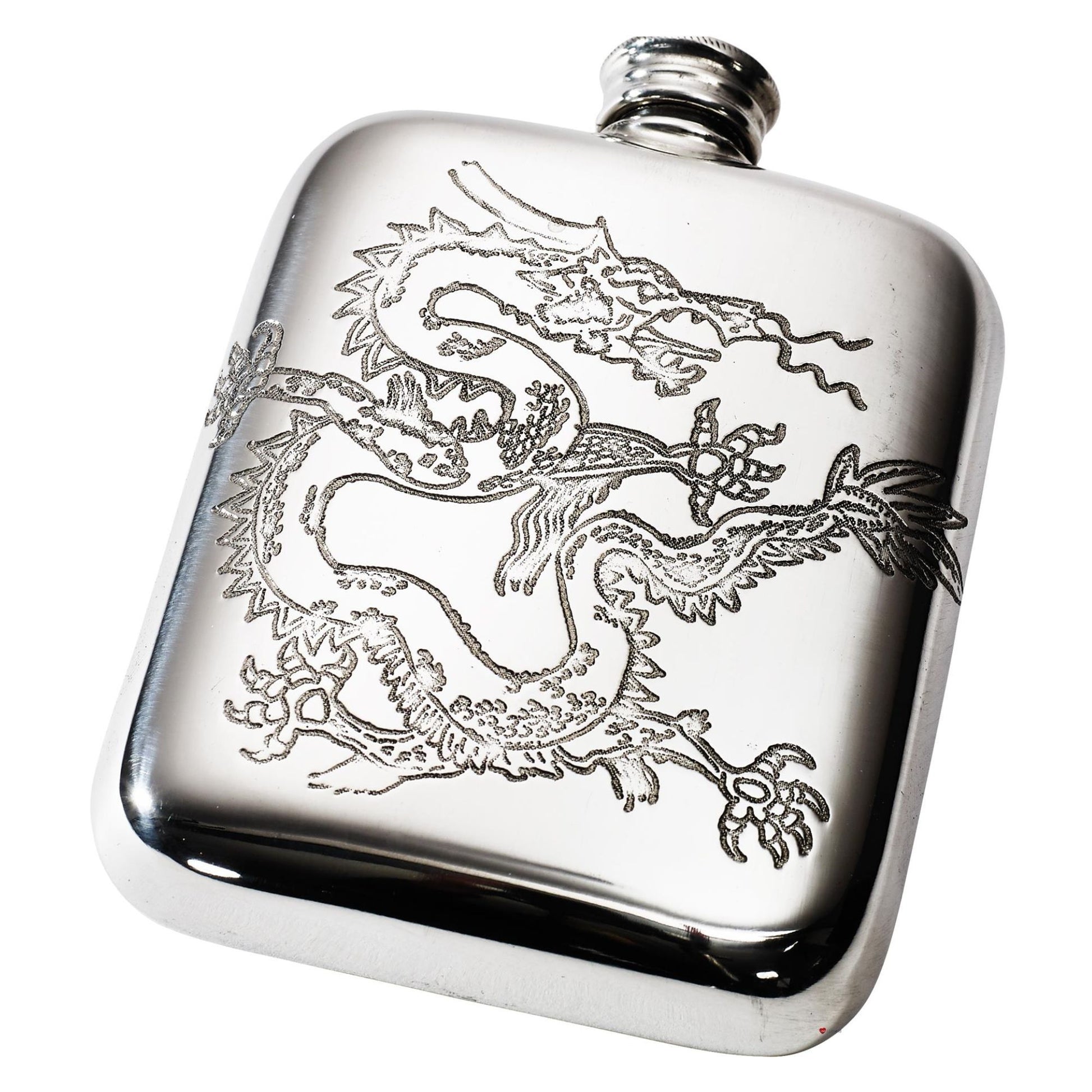 Silver flask with dragon engraving on a white background