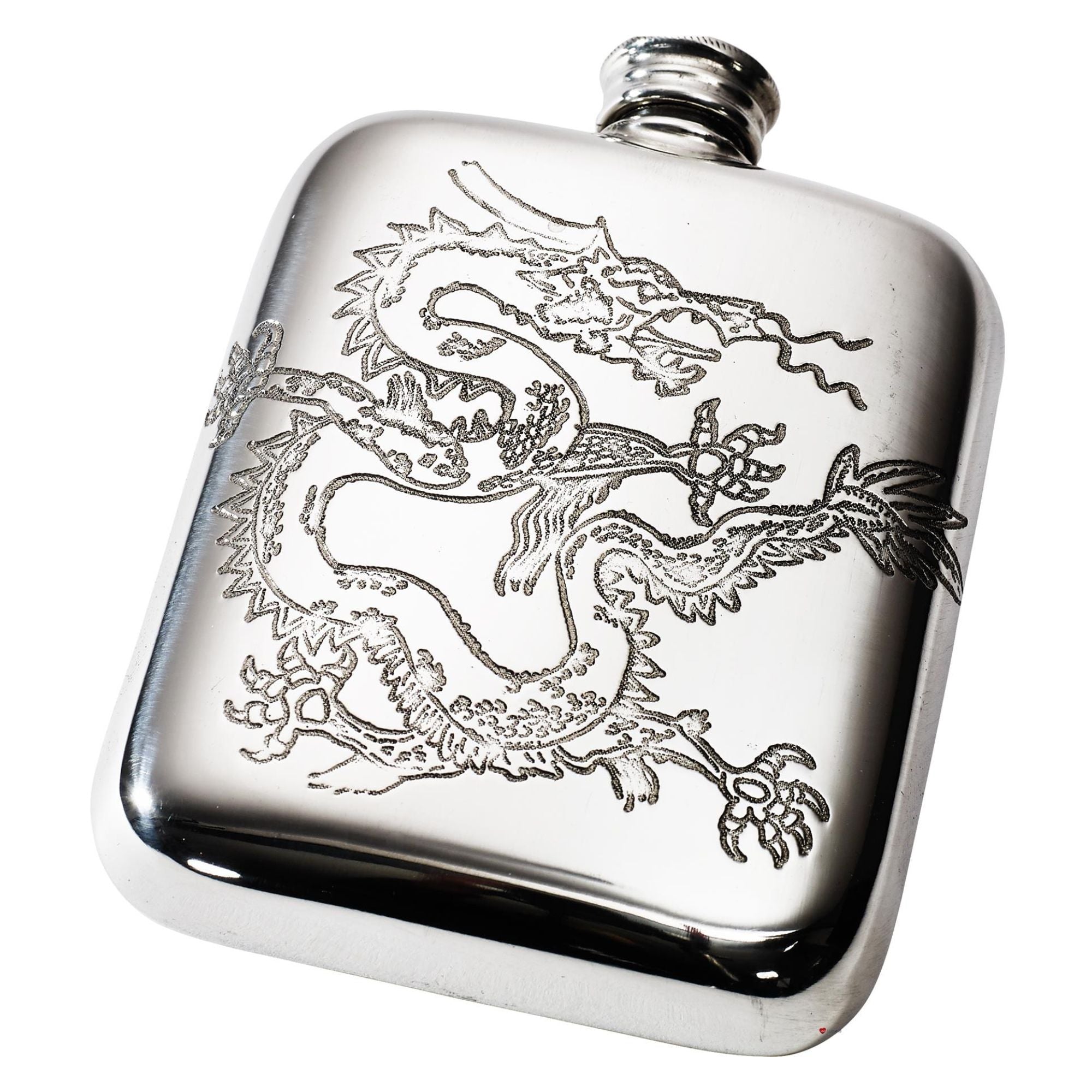 Silver flask with dragon engraving on a white background