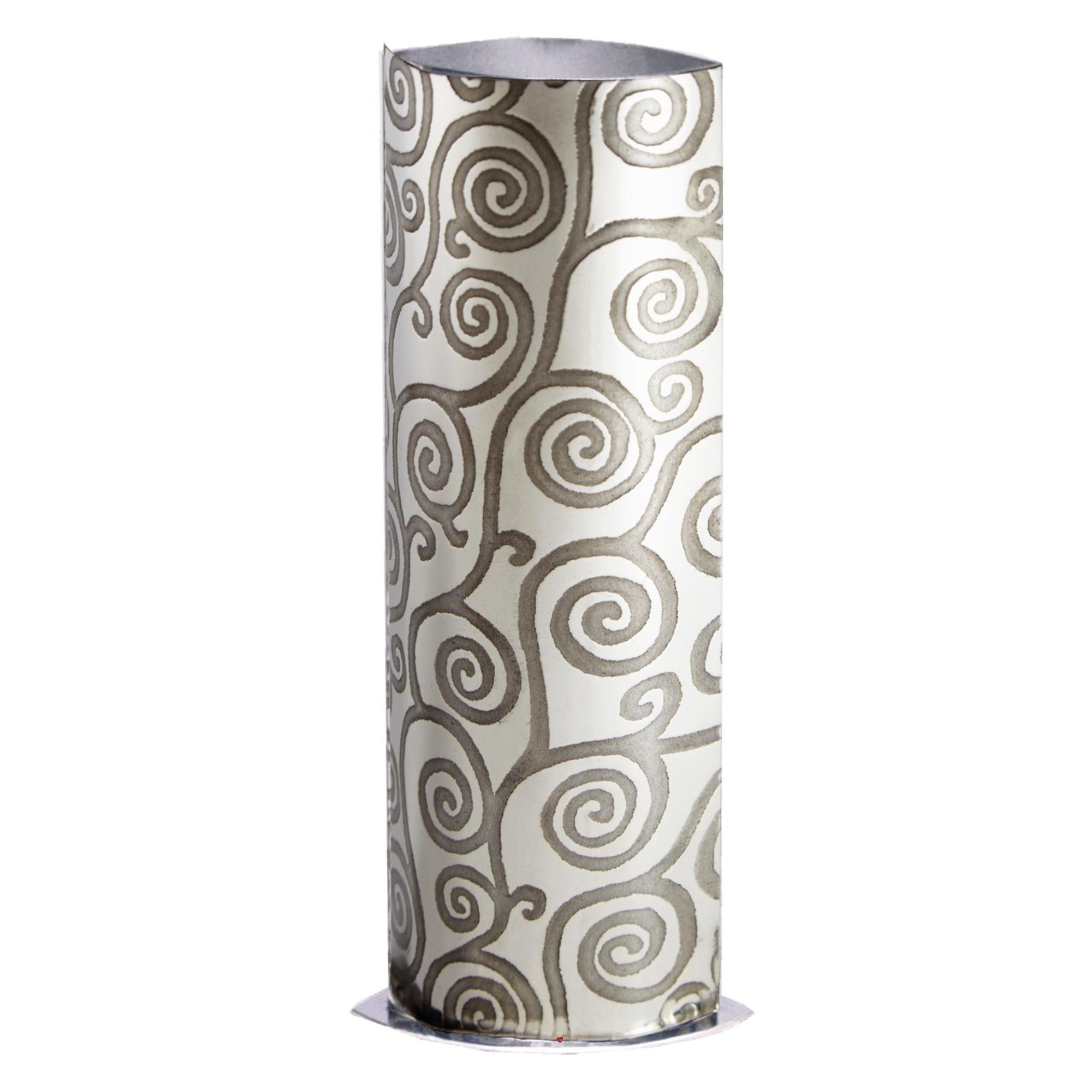 Cylindrical decorative vase with spiral pattern on a white background