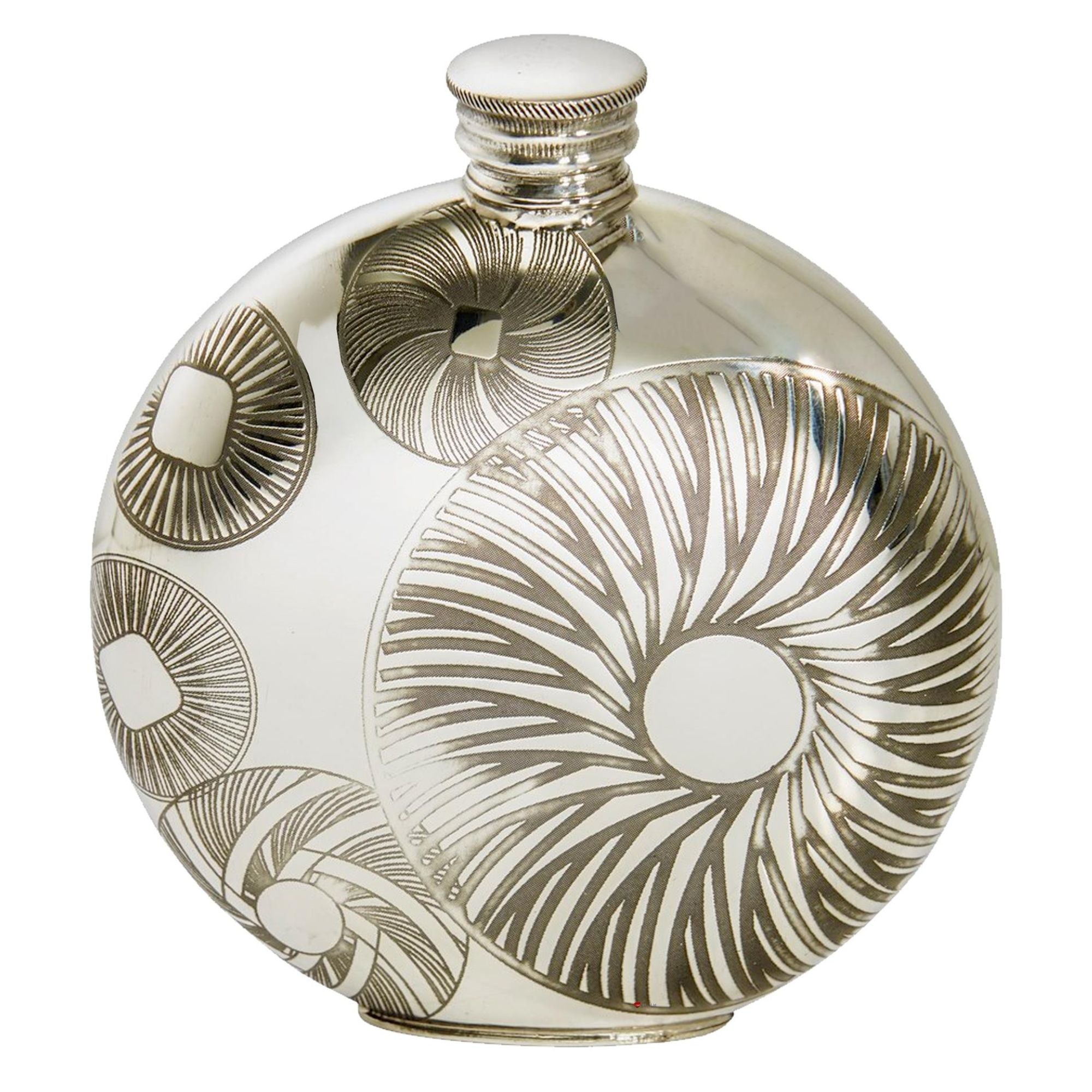Decorative silver flask with intricate patterns on a white background