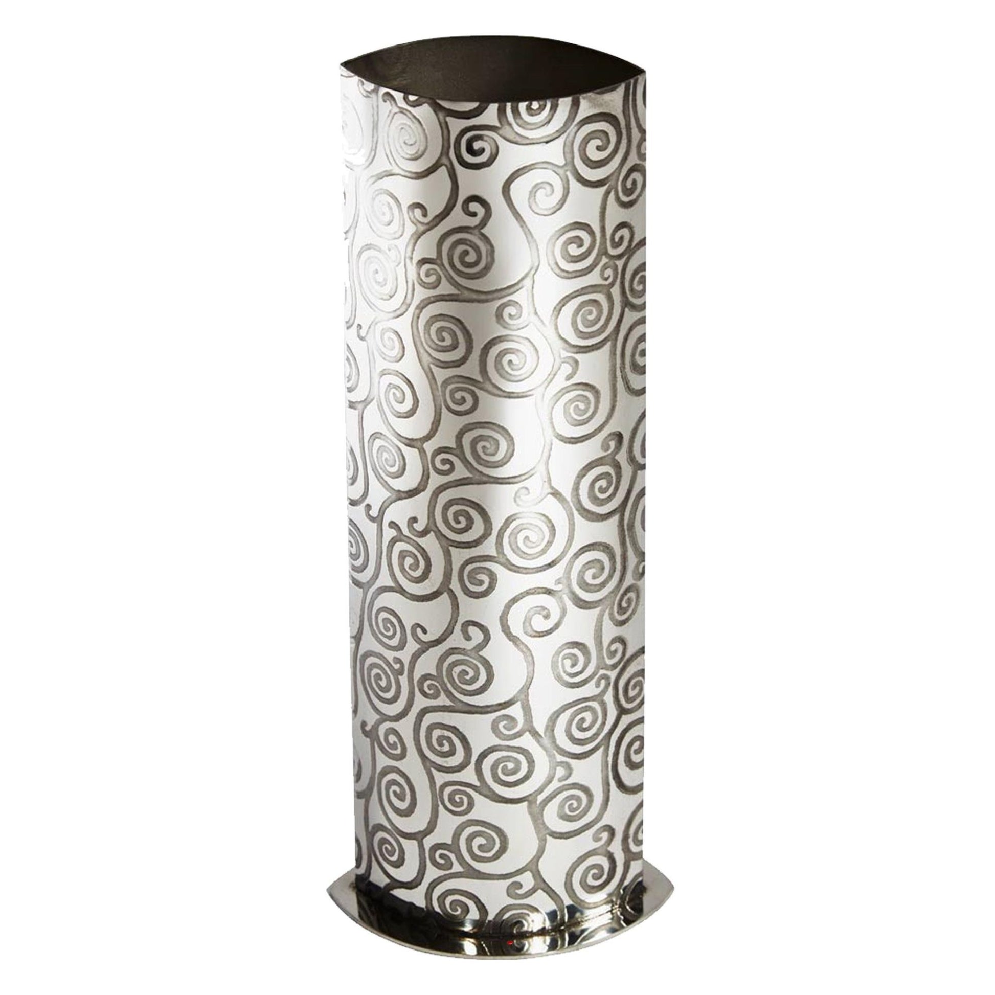 Decorative cylindrical vase with spiral pattern on a white background
