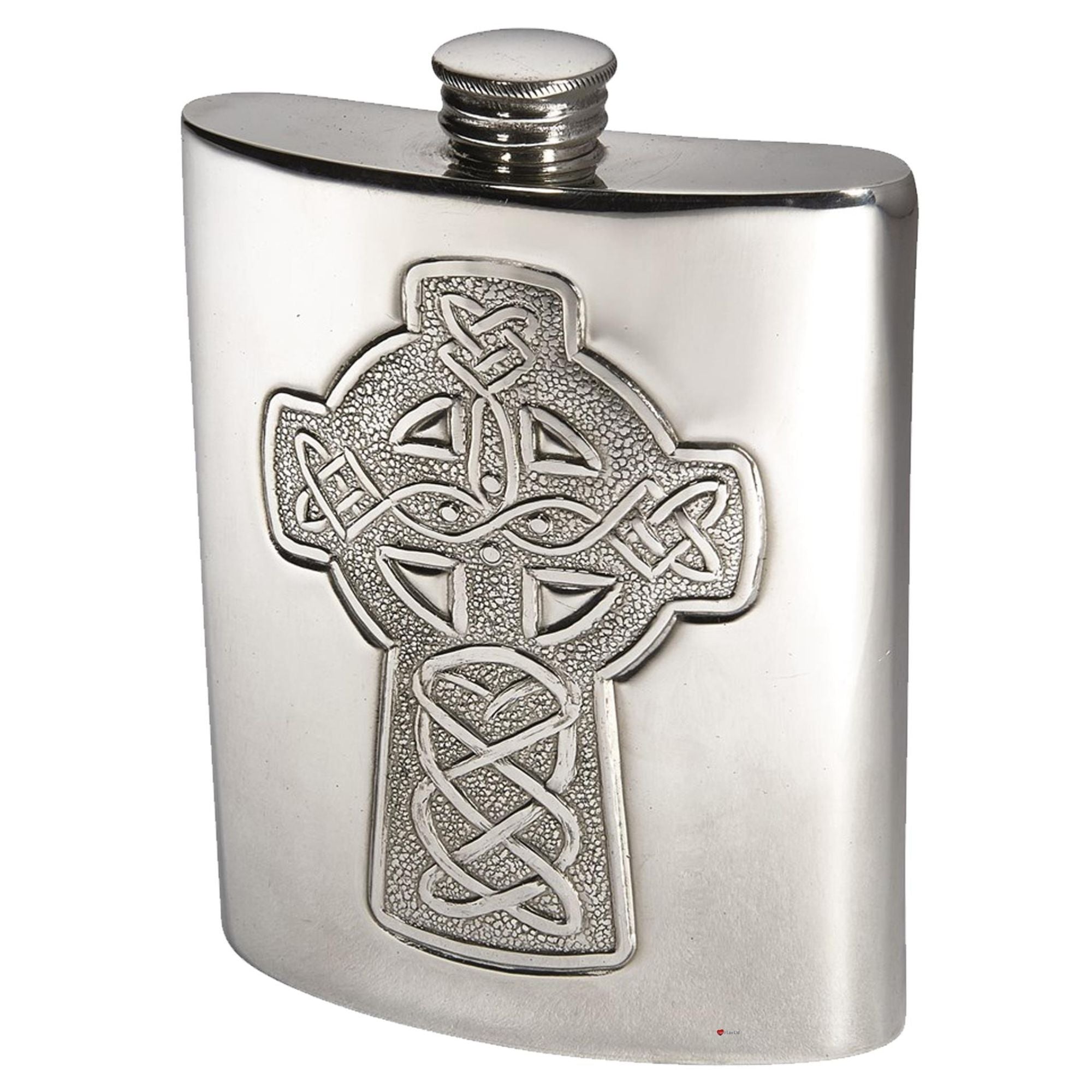 Silver hip flask with Celtic cross design on a white background