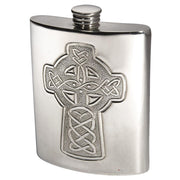 Silver hip flask with Celtic cross design on a white background