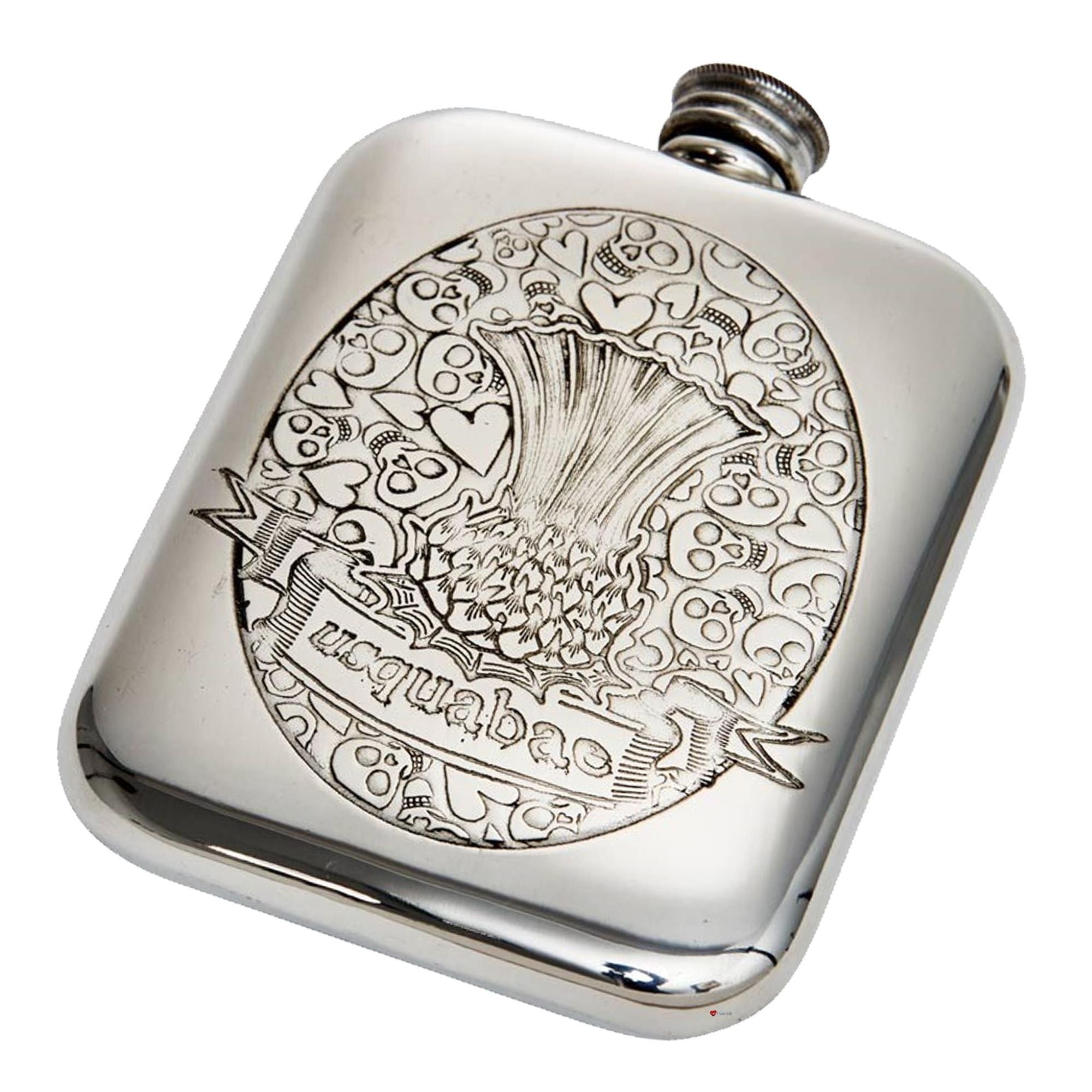 Silver hip flask with intricate design on a white background