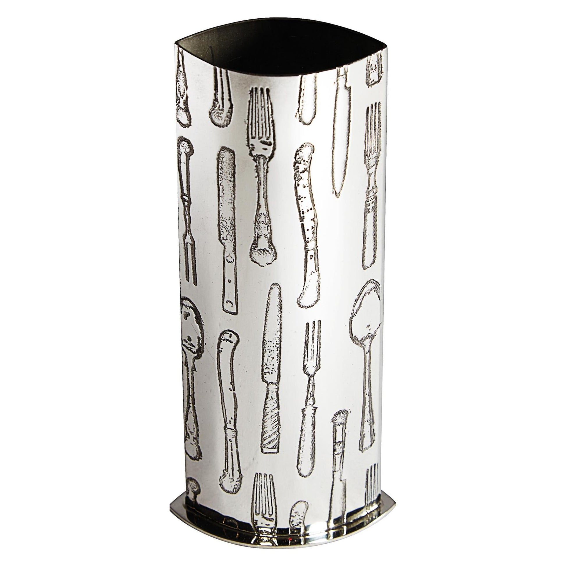 Decorative umbrella stand with cutlery pattern on a white background