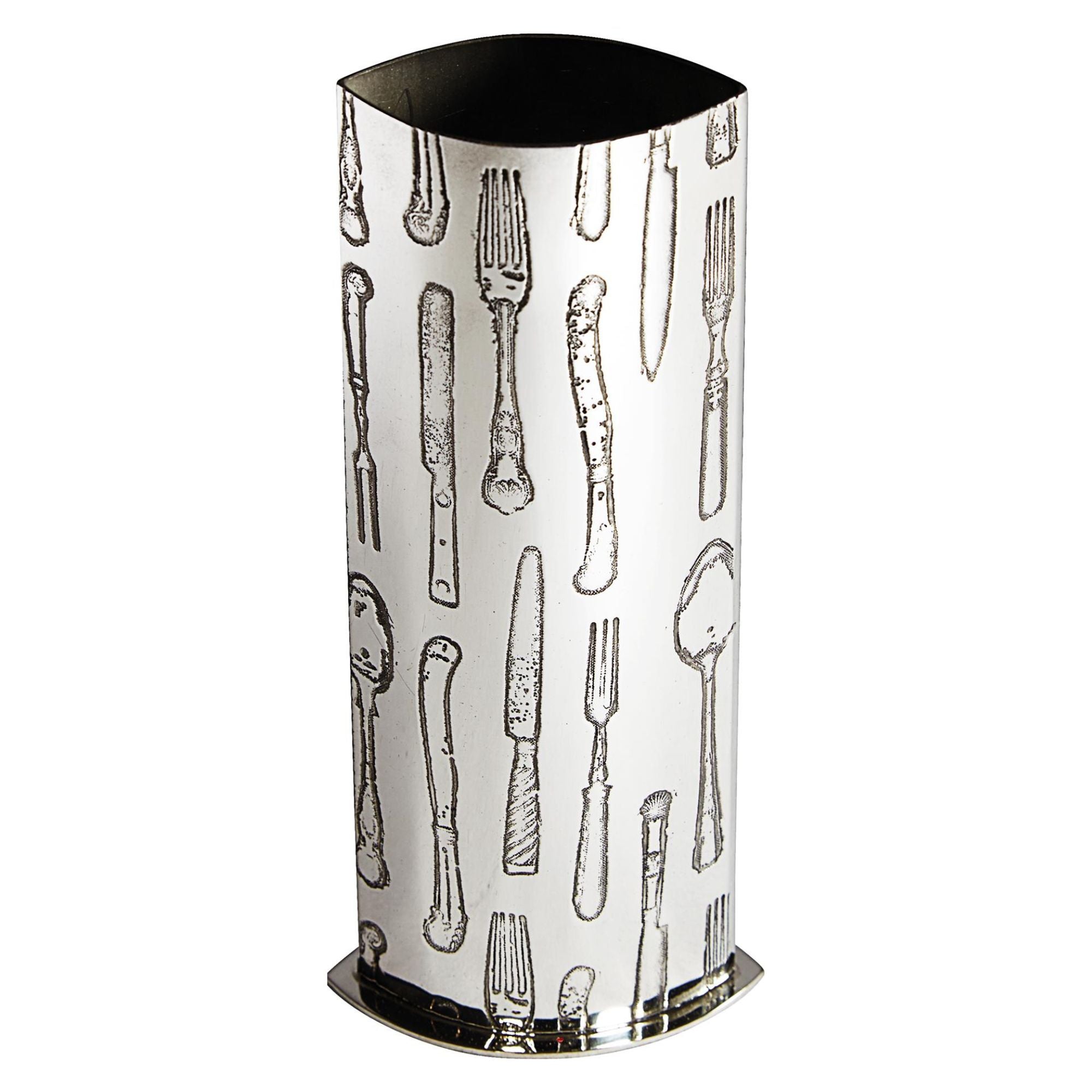 Decorative umbrella stand with cutlery pattern on a white background