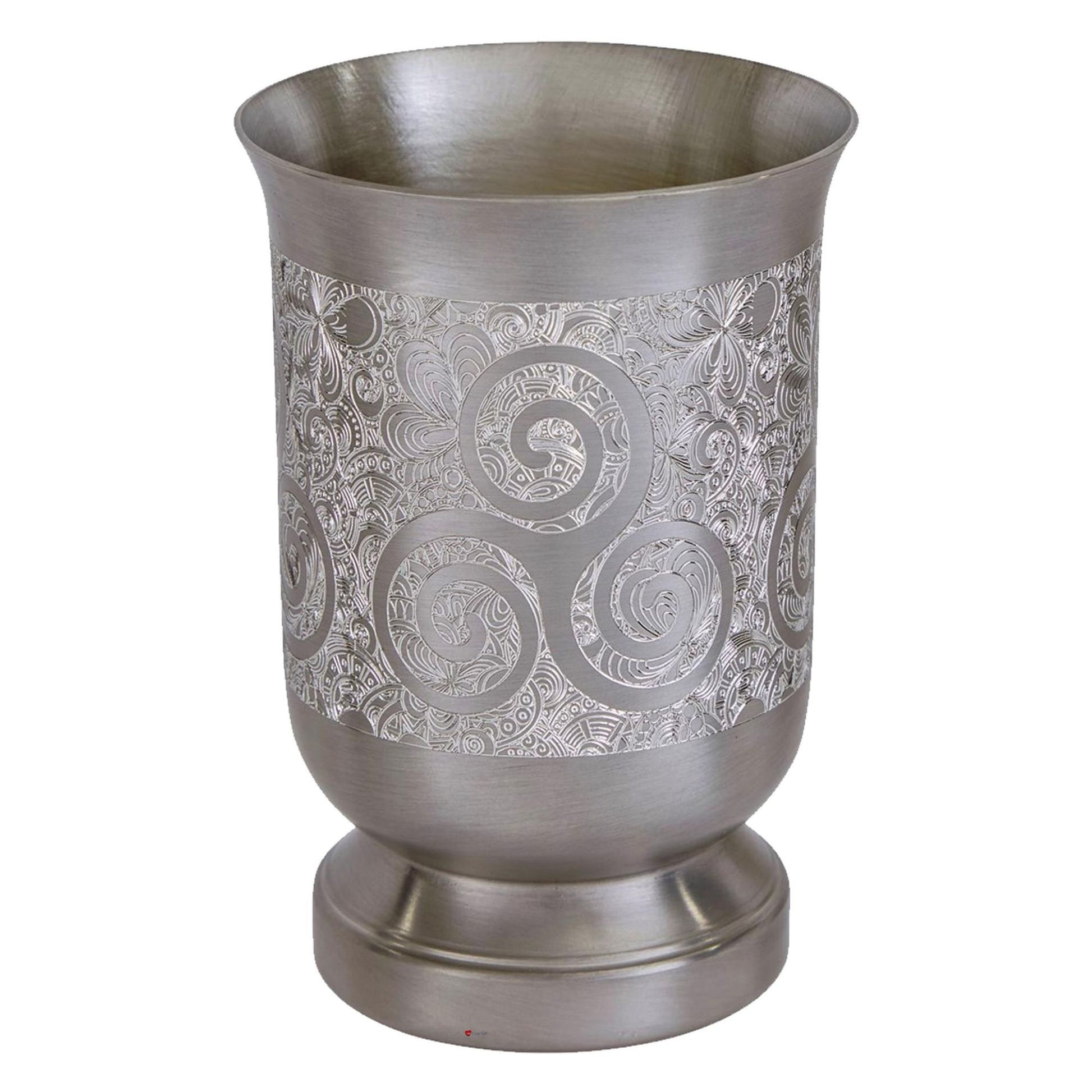 Silver decorative cup with intricate patterns on a white background
