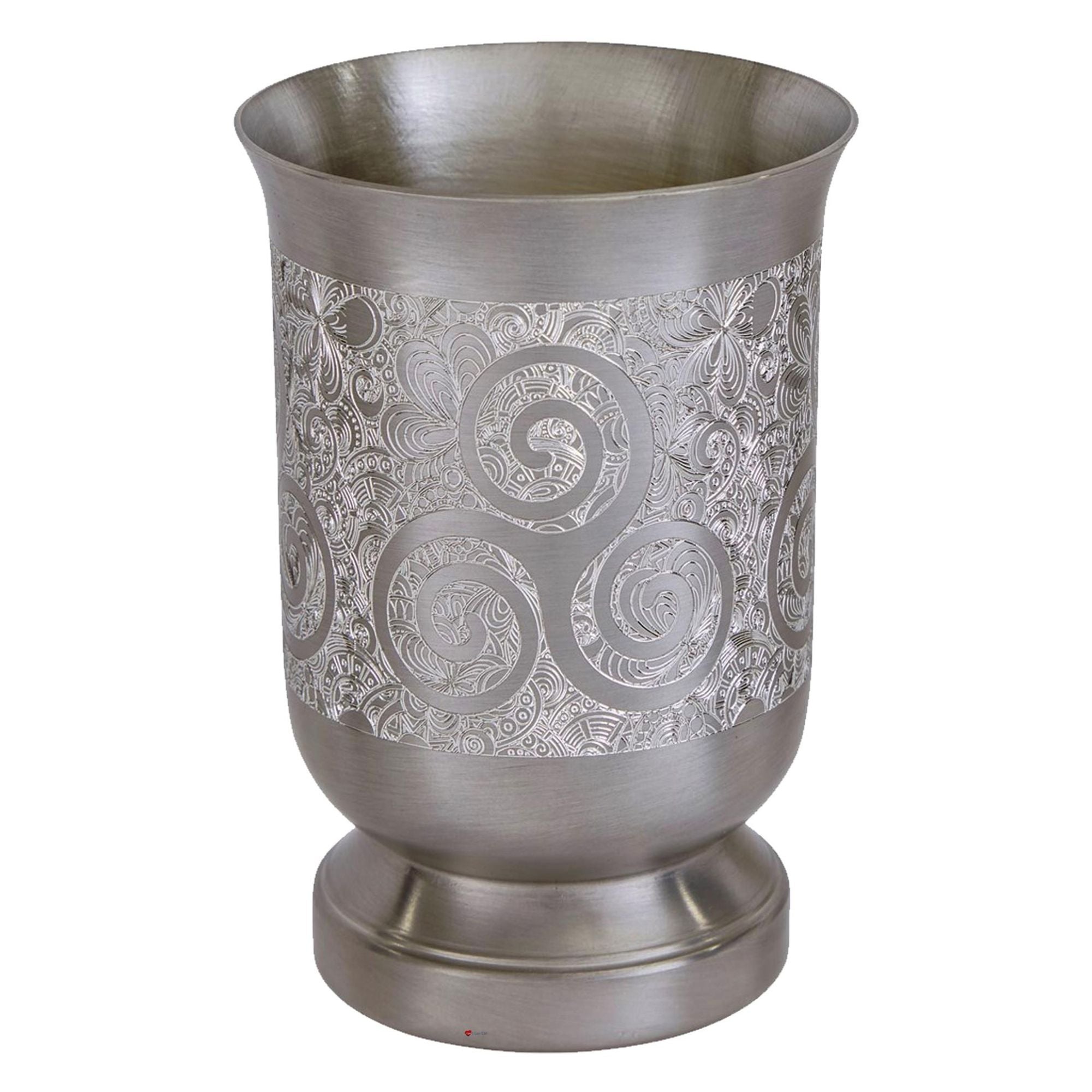 Silver decorative cup with intricate patterns on a white background