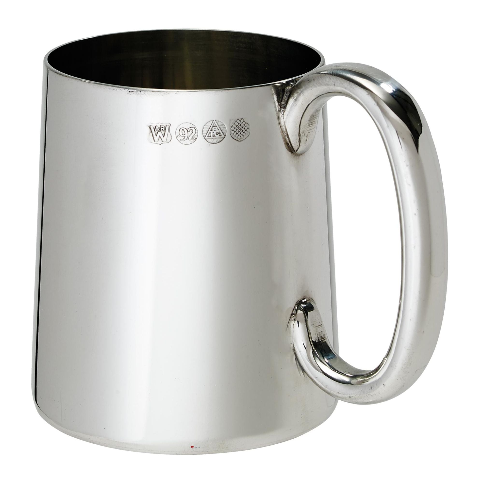 Silver mug with handle on a white background