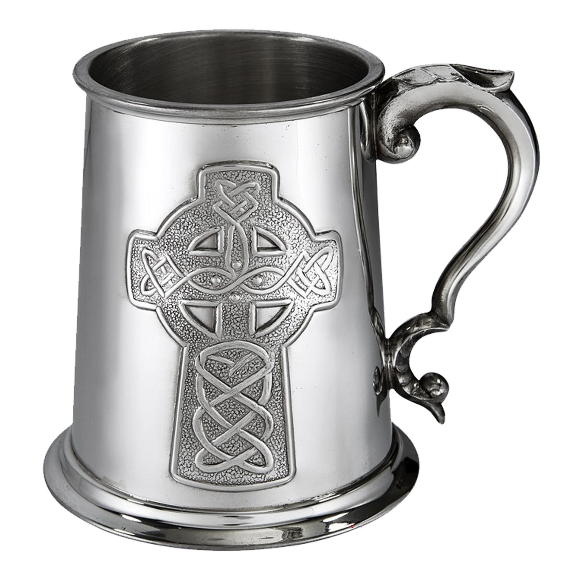 Silver tankard with Celtic cross design on a white background