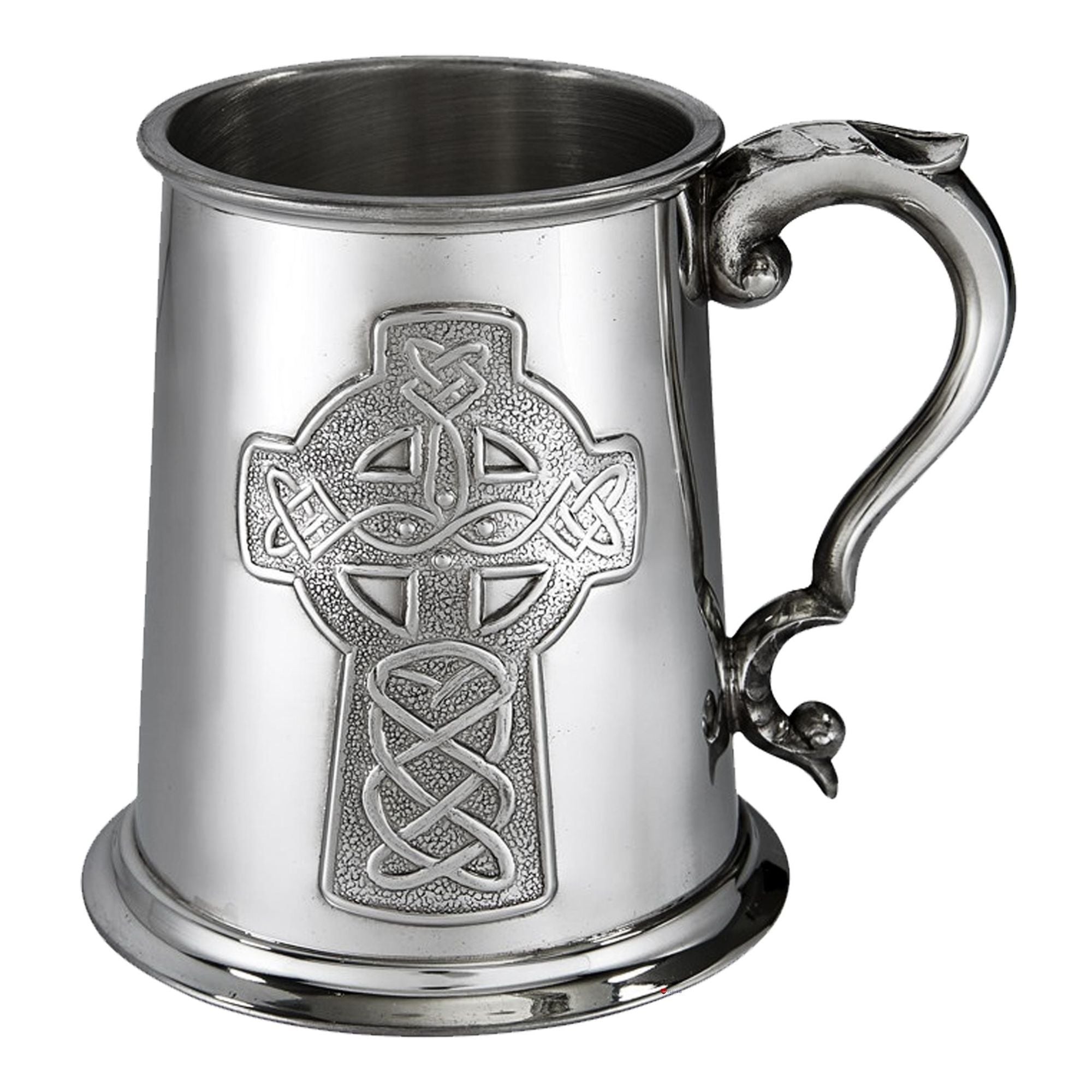 Silver tankard with Celtic cross design on a white background