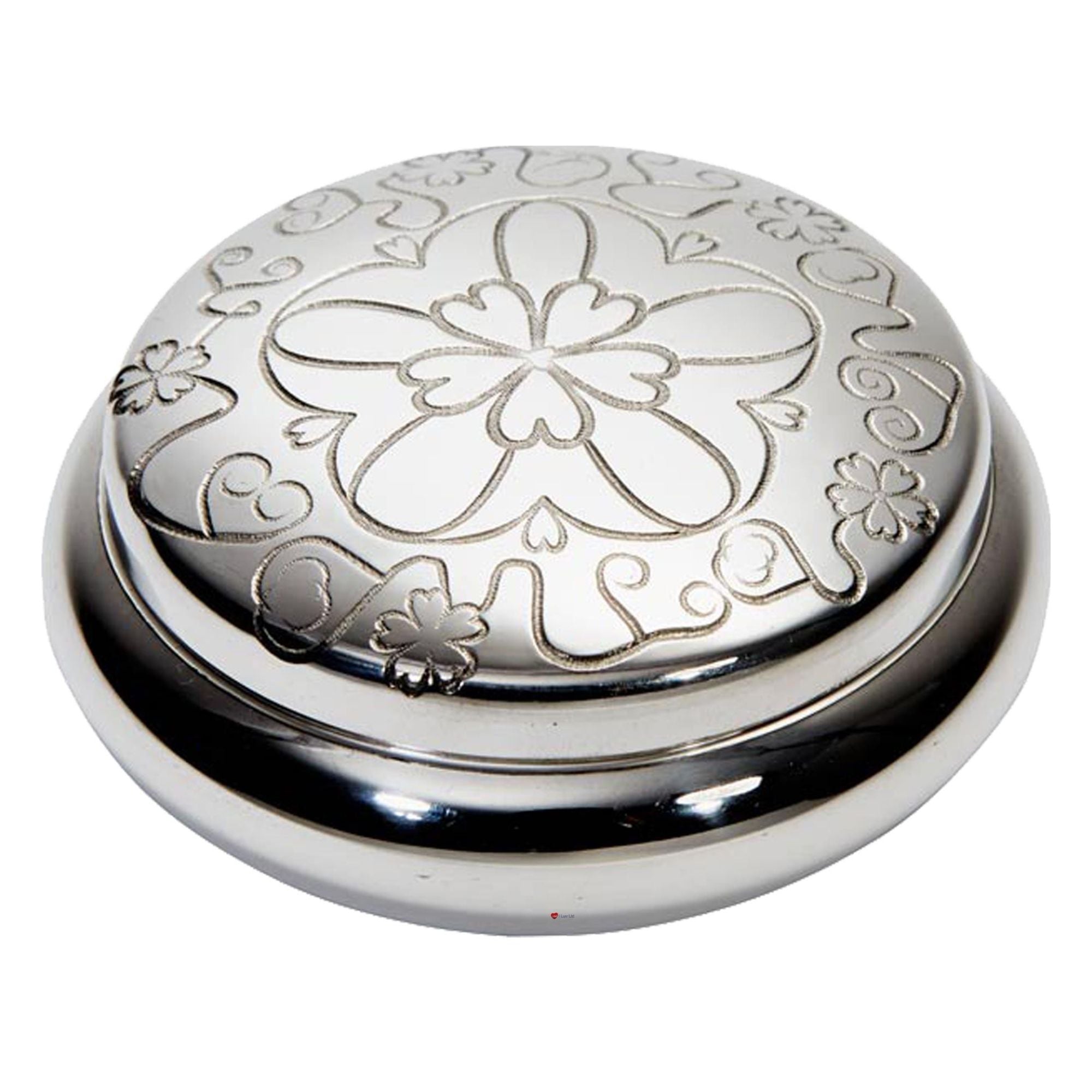 Silver decorative object with intricate patterns on a white background
