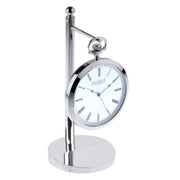 Chrome desk clock with white face on a white background