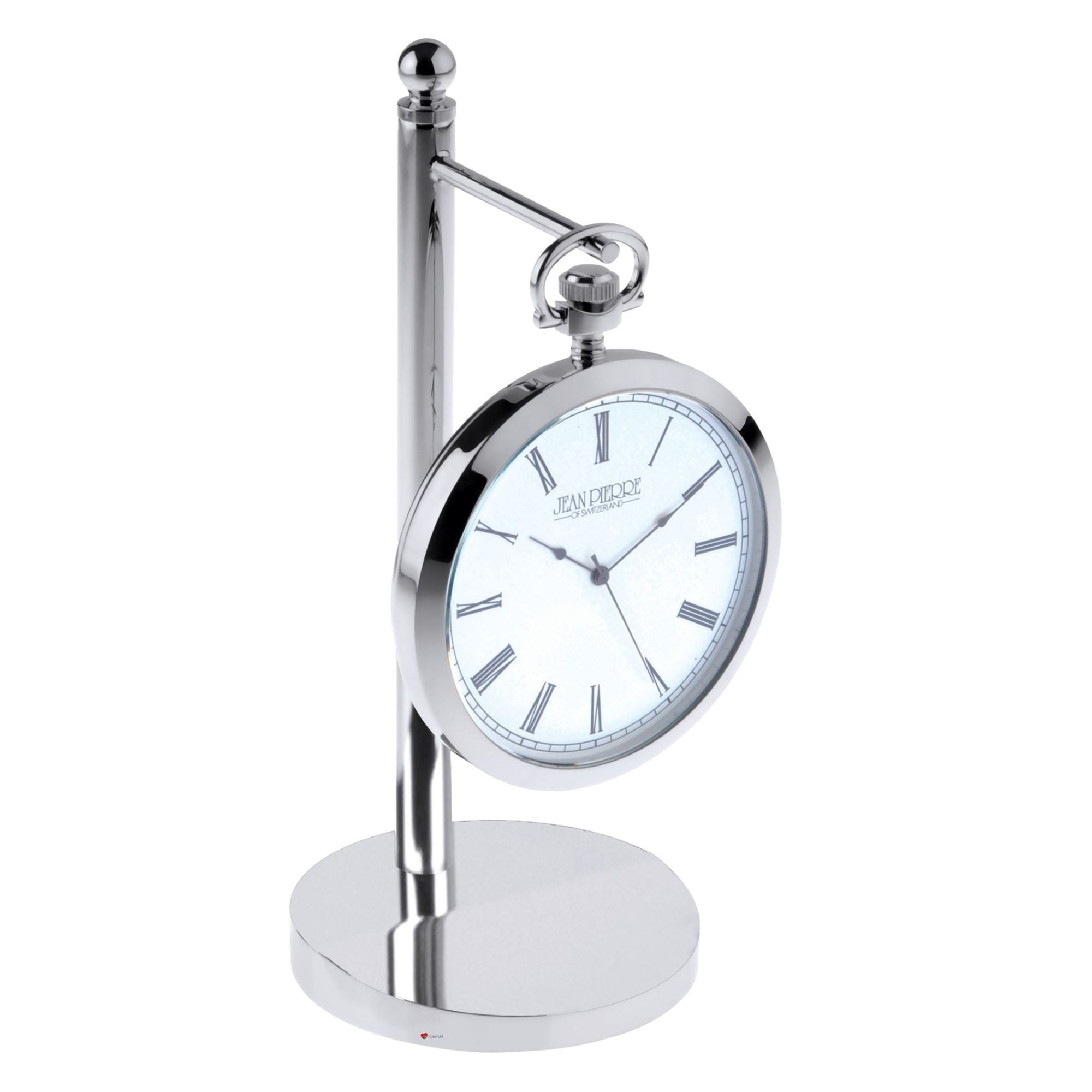 Chrome desk clock with white face on a white background