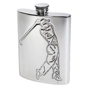 Silver hip flask with a golf player design on a white background