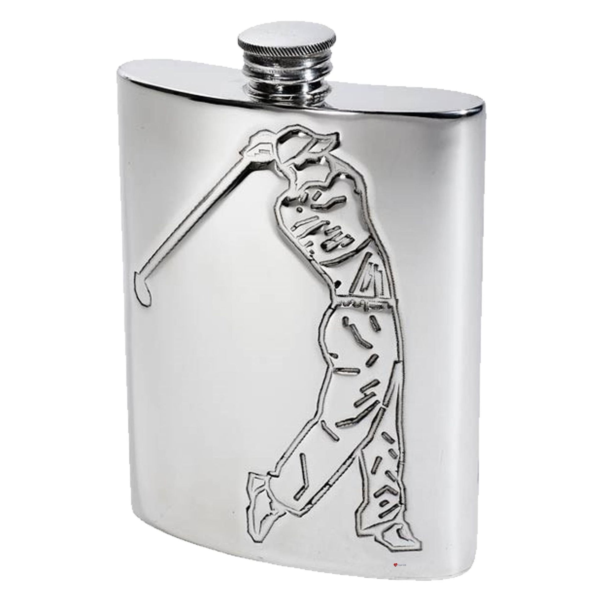 Silver hip flask with a golf player design on a white background