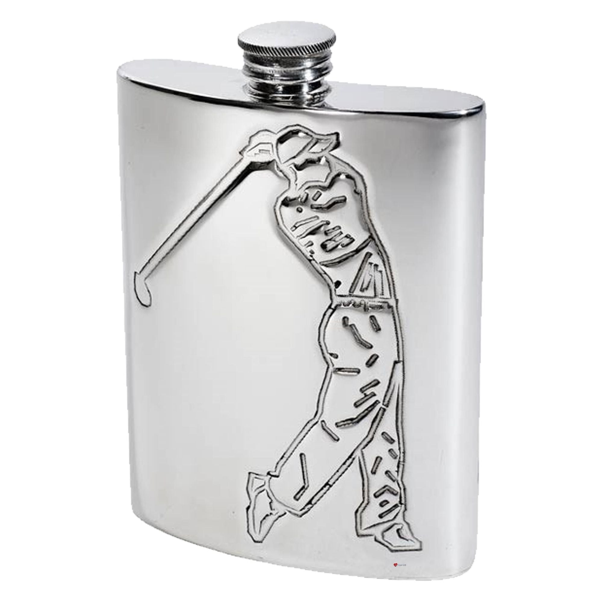 Silver hip flask with a golf player design on a white background