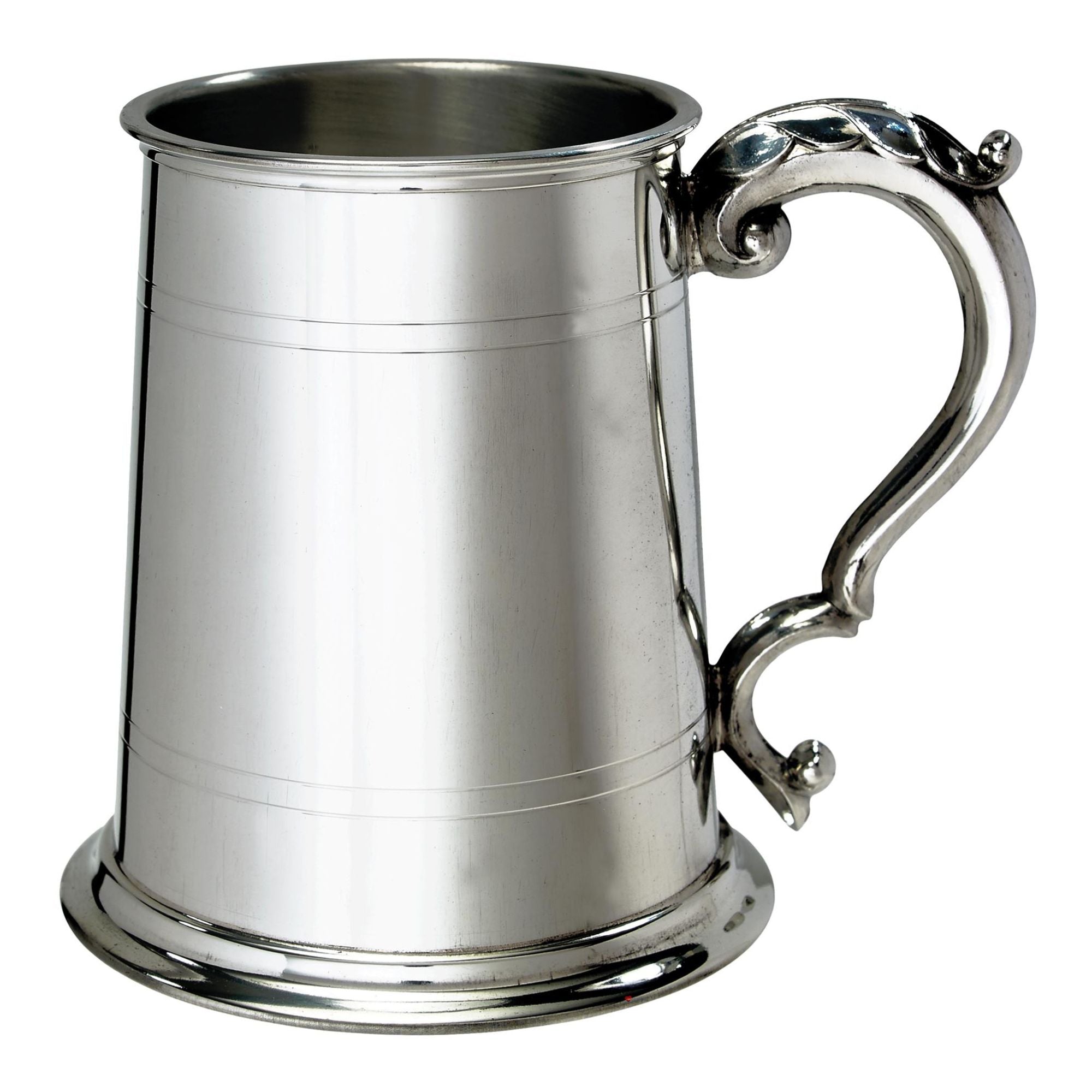 Silver tankard with decorative handle on a white background