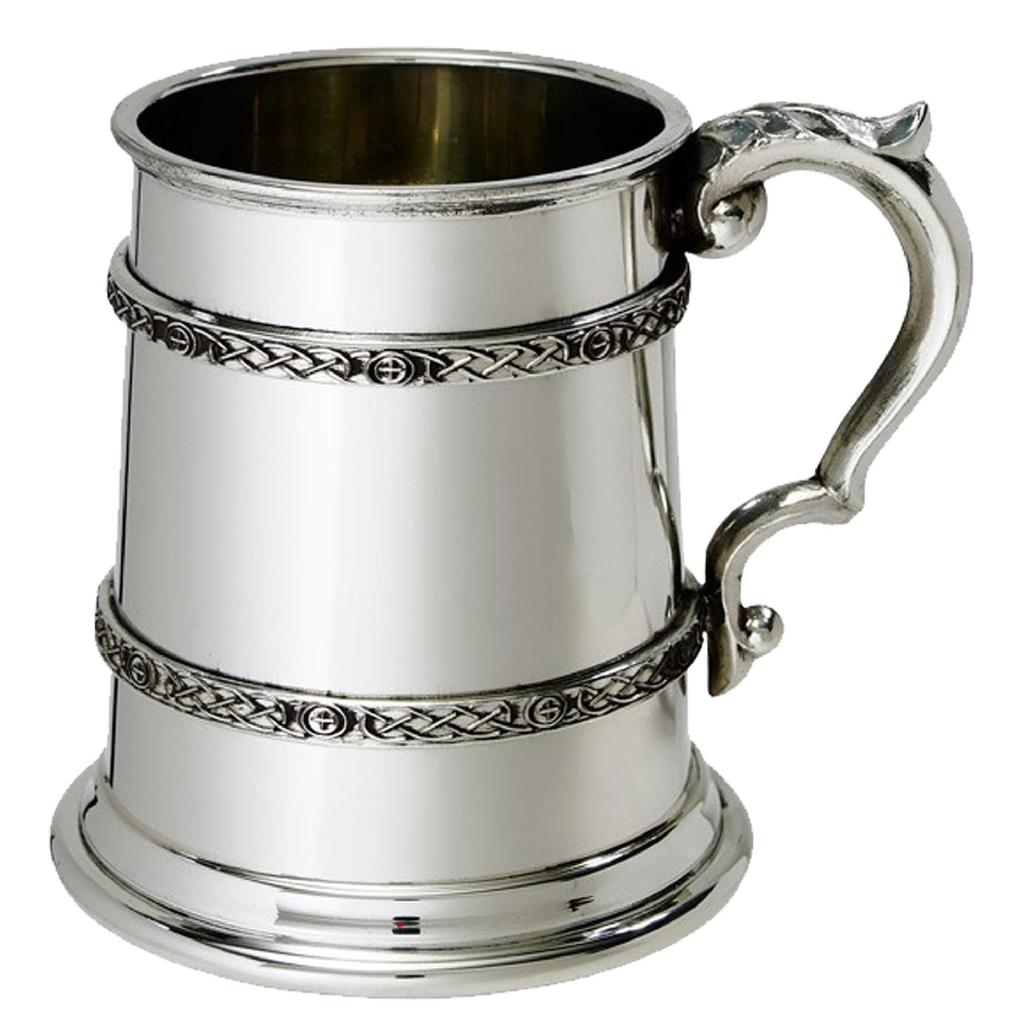 Silver tankard with decorative handle on a white background