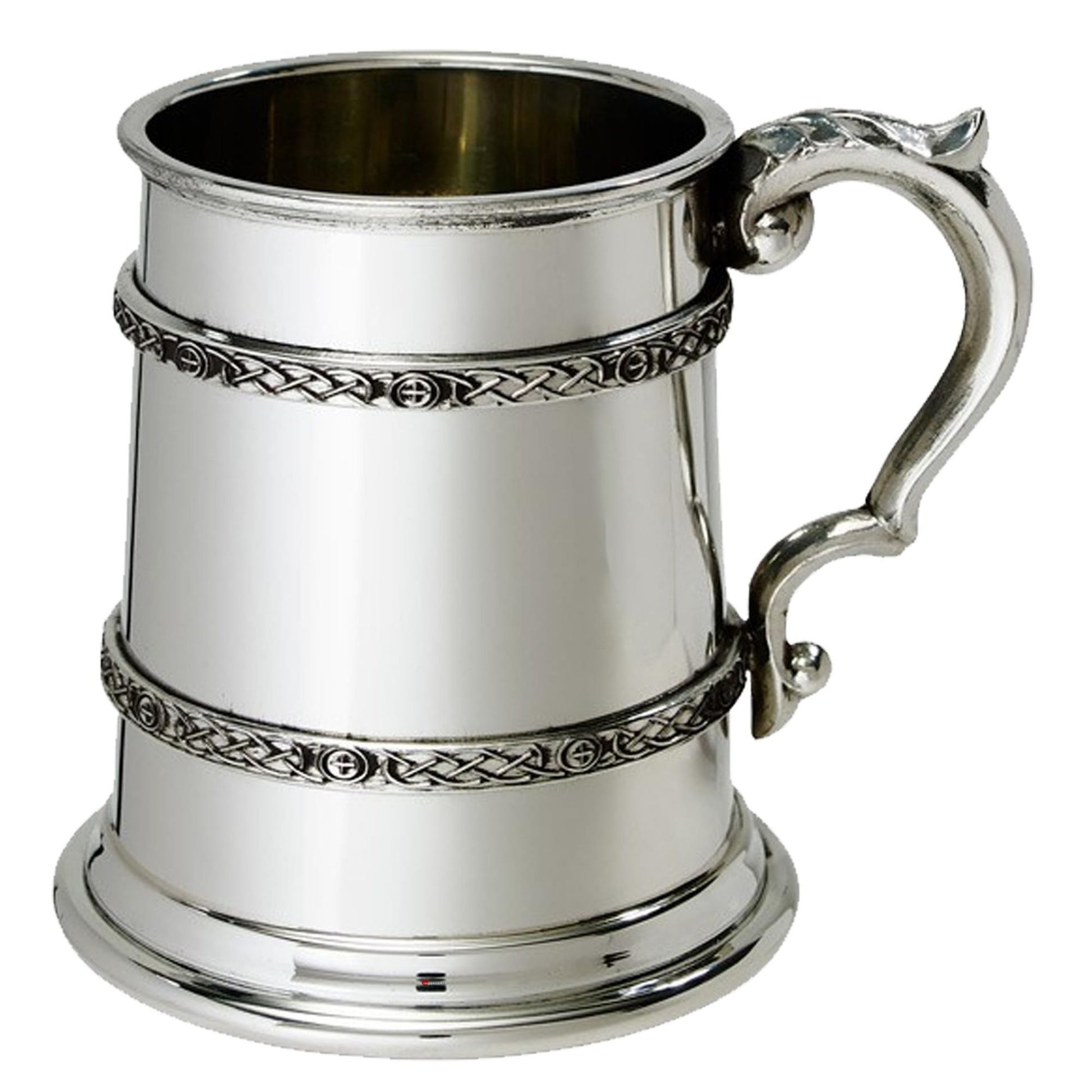 Silver tankard with decorative handle on a white background