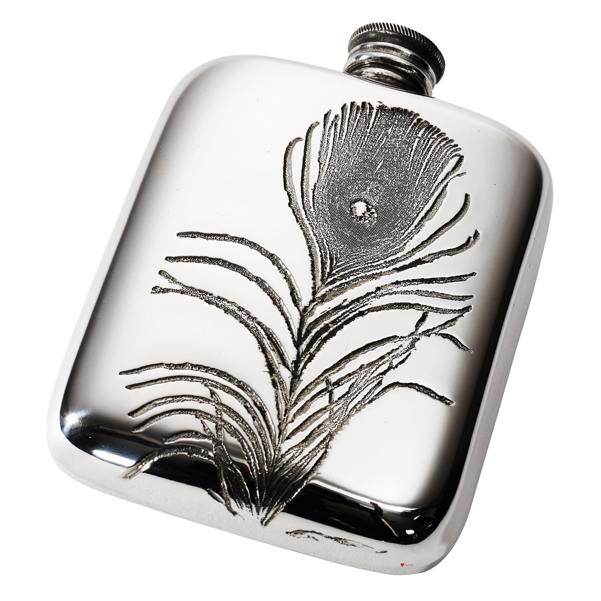 Silver hip flask with peacock feather design on a white background