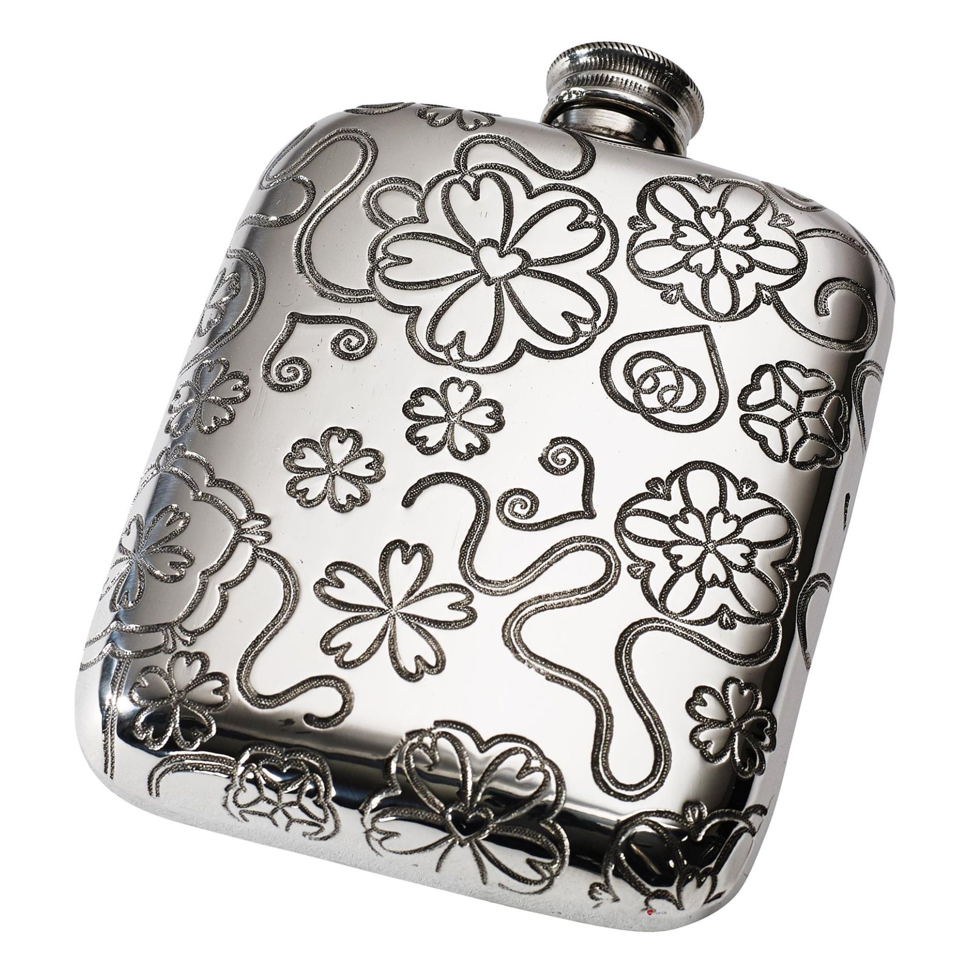 Silver flask with floral patterns on a white background