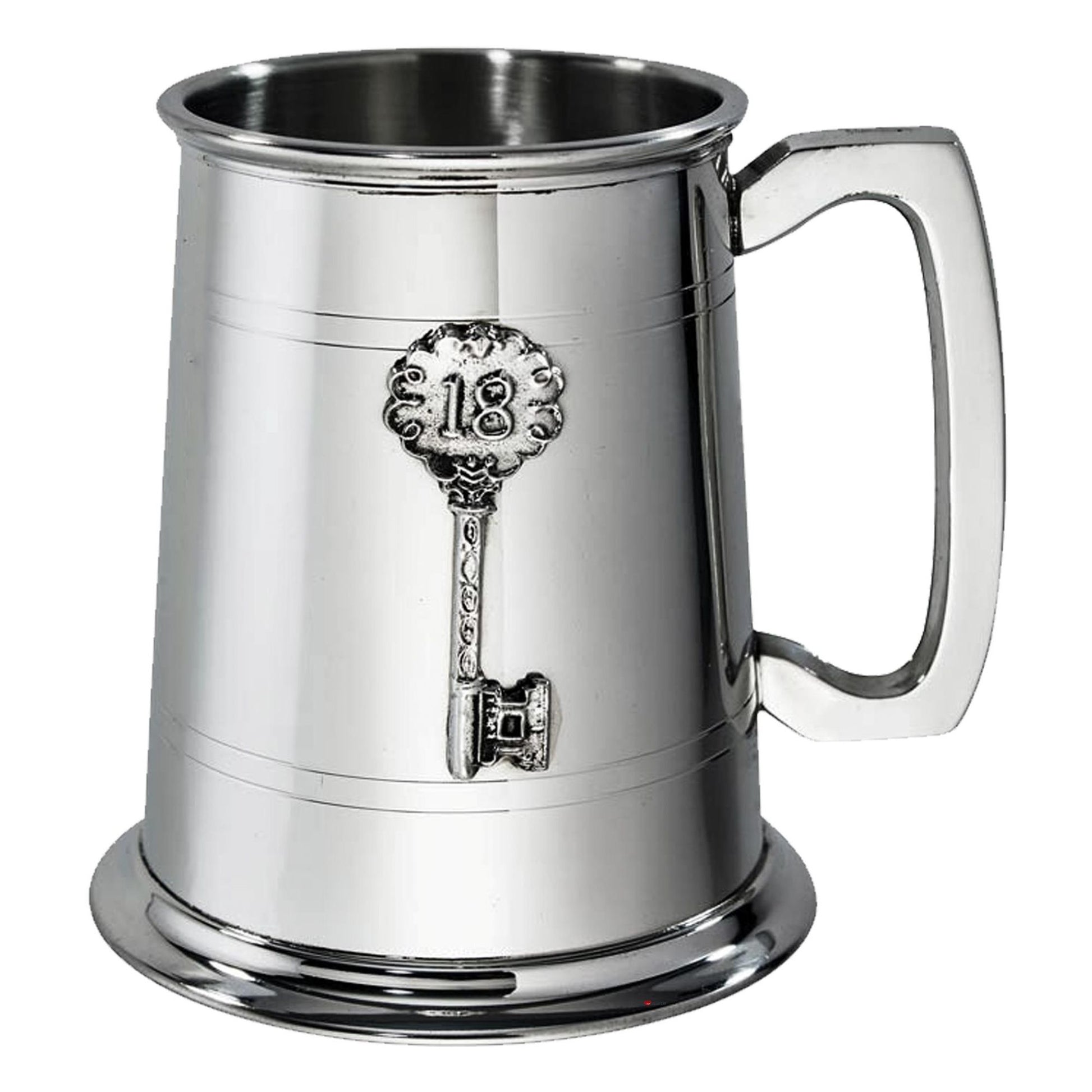 Silver tankard with a key design on a white background