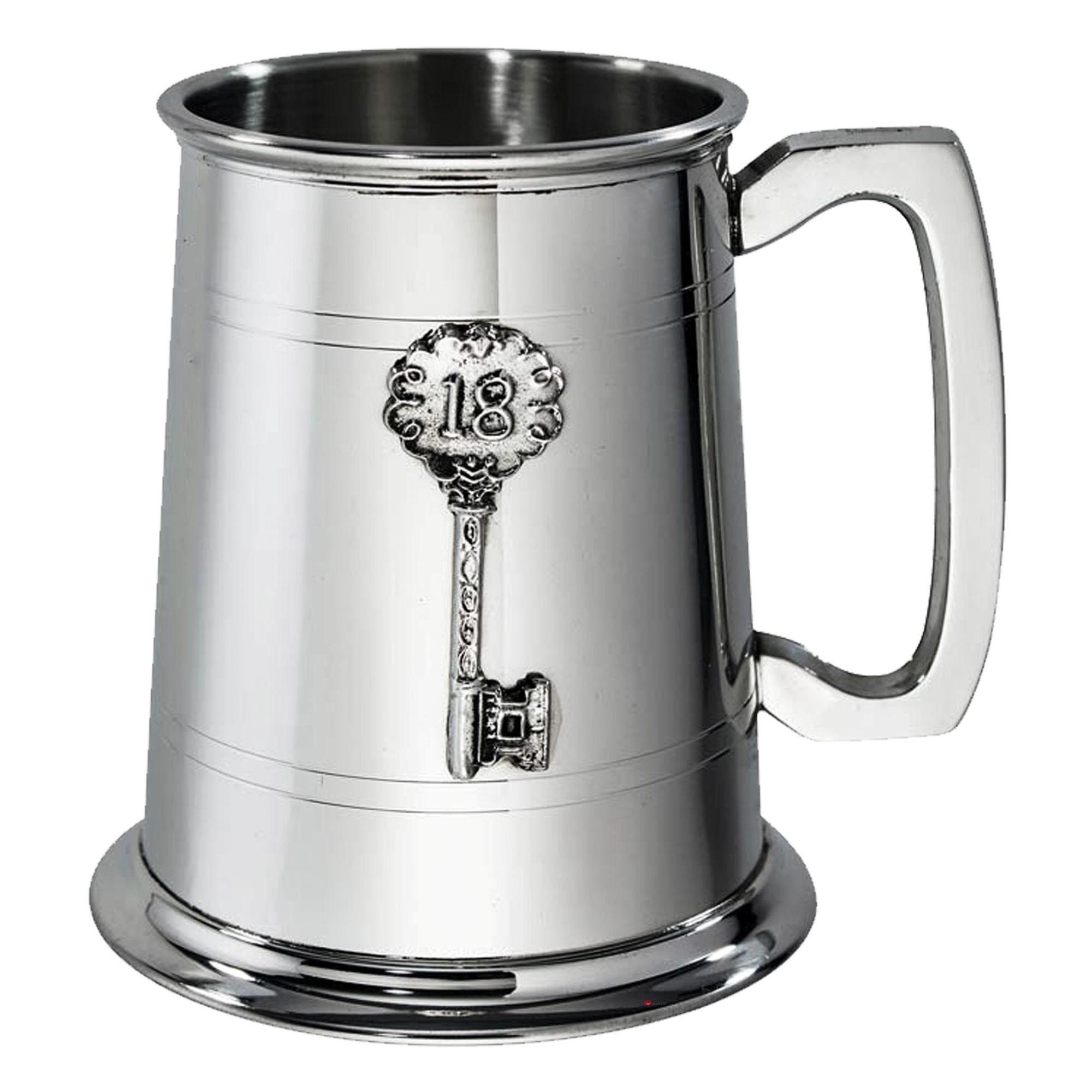 Silver tankard with a key design on a white background