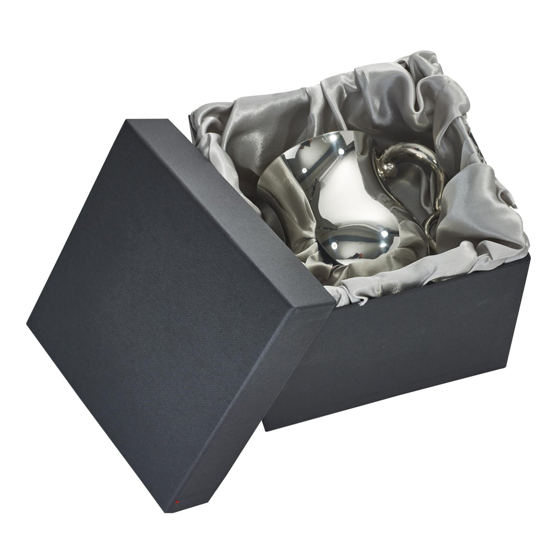 Silver teapot and kettle set in a gray box with gray interior