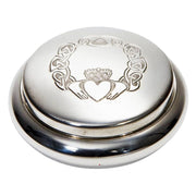 Silver Claddagh design on a white background