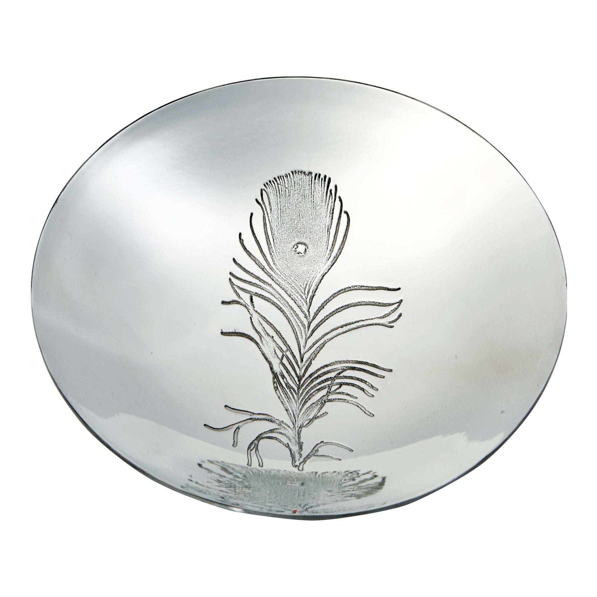 Silver dish with engraved feather design on a white background